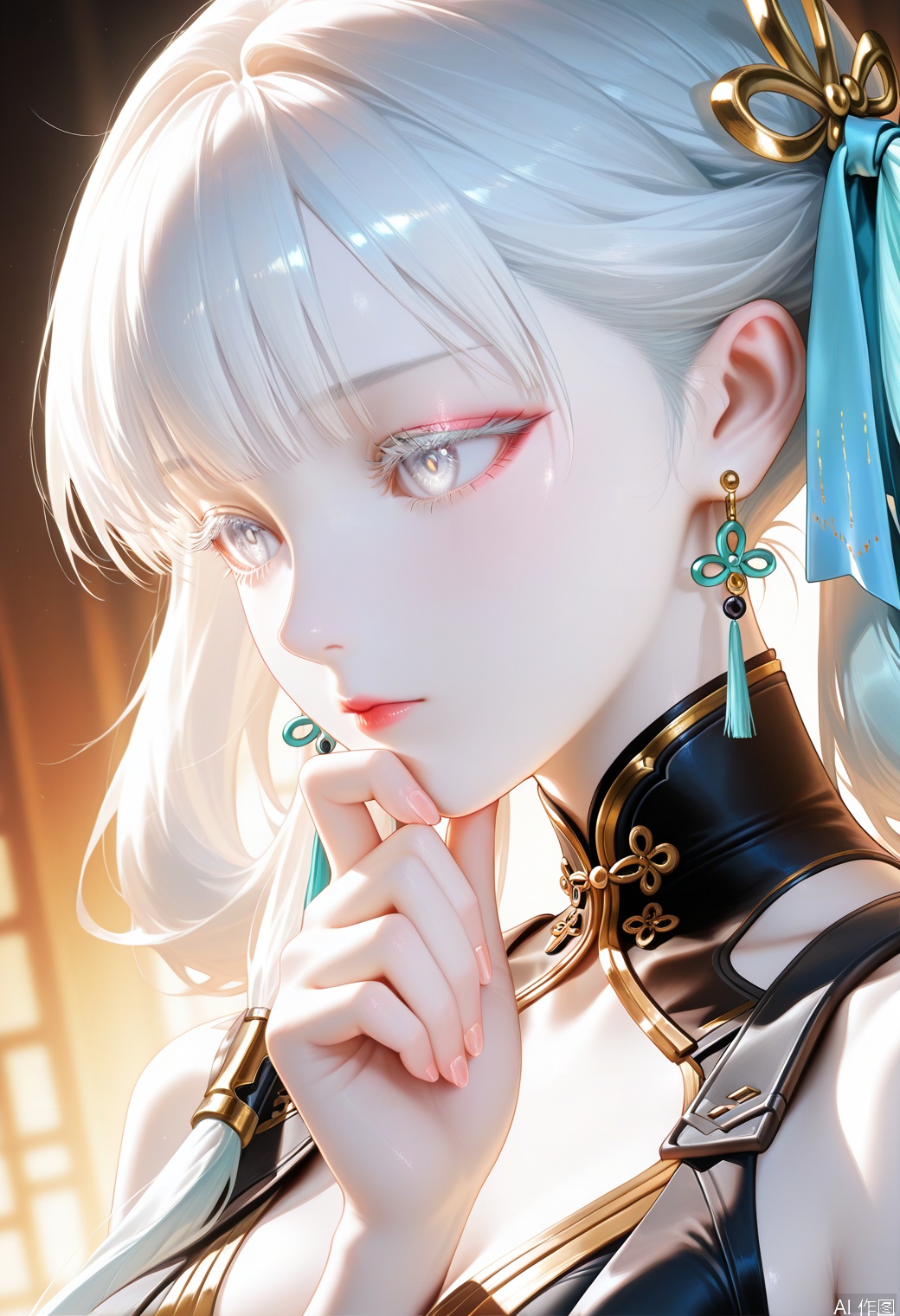 1girl, jinhsi \(wuthering waves\), earrings,black collar, black dress, hand up, jewelry, white hair, long hair, white eyes, portrait, colored eyelashes, thinking, backlighting, pale skin,translucent,realistic,white skin,high detailed skin,(detailed skin:1.1),highly detailed,ultra-high resolution,32K UHD,sharp focus,best-quality,masterpiece,unconventional supreme masterpiece,masterful details,temperate atmosphere,with a high-end texture,in the style of fashion photography,Dynamic Angle,(Dynamic posture:1.1),