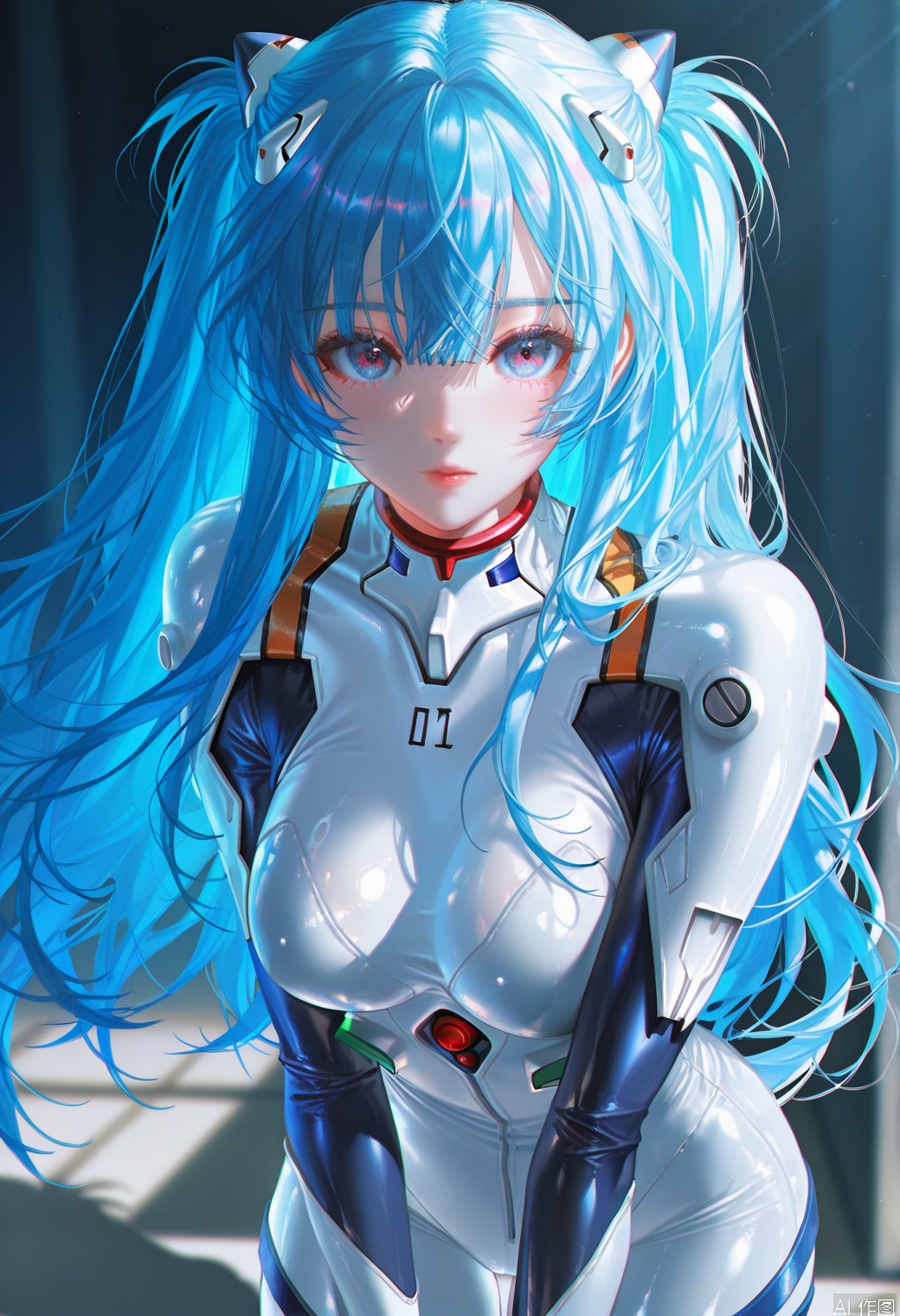 1girl, solo, , plugsuit, bodysuit, blue hair, looking at viewer, lips, realistic, ,white bodysuit, bangs,masterpiece,best quality,high quality,overexposure,chromatic_aberration,light,fair_skin, very aesthetic,absurdres, (aestivation:0.4),(nasii:0.4),(toosaka asagi:0.4),(atdan:0.4),(artist:quasarcake:0.8),(iumu:0.72),(wlop:0.72),depth of field,detailed light,blurry background,best shadow,shiny skin,cinematic lighting,ray tracing, amazing quality, very aesthetic, absurdres, ultra detailed, newest,