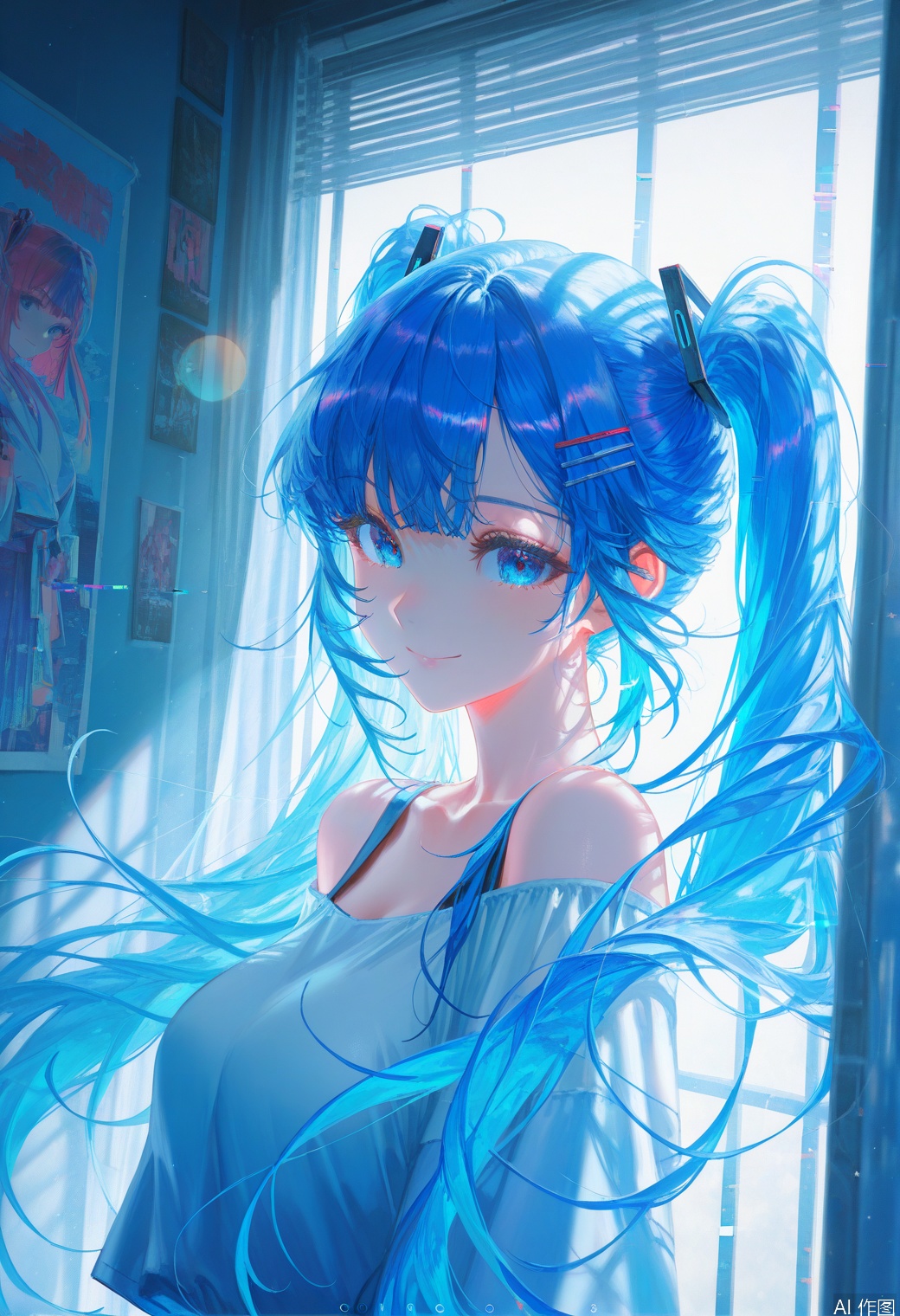 1girl, solo, long hair, looking at viewer, smile, bangs, blue eyes, hair ornament, twintails, blue hair, upper body, hairclip, indoors, glitch ,backlighting,blue and white theme,depth of field,cinematic lighting,light particles,lens flare, (artist:quasarcake:0.8),extreme aesthetic,(wlop:0.6),masterpiece,best quality,good quality,newest,year 2024,year 2023,very aesthetic,absurdres,Visual impact,A shot with tension, ultra-high resolution,32K UHD,sharp focus,best-quality,masterpiece,Emotionalization,unconventional supreme masterpiece,masterful details,temperate atmosphere,with a high-end texture,in the style of fashion photography, (Visual impact:1.2),giving the poster a dynamic and visually striking appearance,impactful picture,offcial art,colorful,splash of color,movie perspective, masterpiece,best quality,amazing quality,very aesthetic,absurdres,best quality,newest,