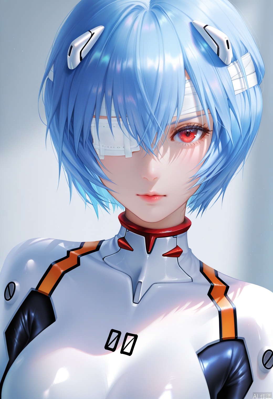 1girl, solo, ayanami rei, red eyes, short hair, plugsuit, bodysuit, blue hair, eyepatch, looking at viewer, lips, realistic, upper body, bandage over one eye, breasts, bandages, grey background, white bodysuit, bangs, ,masterpiece,best quality,high quality,overexposure,chromatic_aberration,light,fair_skin, very aesthetic,absurdres, (aestivation:0.4),(nasii:0.4),(toosaka asagi:0.4),(atdan:0.4),(artist:quasarcake:0.8),(iumu:0.72),(wlop:0.72),depth of field,detailed light,blurry background,best shadow,shiny skin,cinematic lighting,ray tracing, amazing quality, very aesthetic, absurdres, ultra detailed, newest,