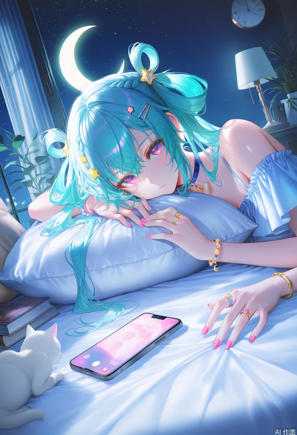1girl, solo, long hair, looking at viewer, bangs, hair ornament, jewelry, purple eyes, braid, twintails,multicolored hair, choker, hairclip, pink eyes, off shoulder, star \(symbol\), nail polish, bracelet, aqua hair, ring, hair rings, star hair ornament, closed eyes, flower, lying, sky, indoors, pillow, book, window, bed, night, phone, moon, cat, sleeping, plant, curtains, star \(sky\), night sky, blanket, clock, potted plant, lamp,  crescent moon, white cat ,backlighting,blue and white theme,masterpiece,best quality,high quality,overexposure,chromatic_aberration,light,fair_skin, very aesthetic,absurdres, (aestivation:0.4),(nasii:0.4),(toosaka asagi:0.4),(atdan:0.4),(artist:quasarcake:0.8),(iumu:0.72),(wlop:0.72),depth of field,detailed light,blurry background,best shadow,shiny skin,cinematic lighting,ray tracing, amazing quality, very aesthetic, absurdres, ultra detailed, newest,