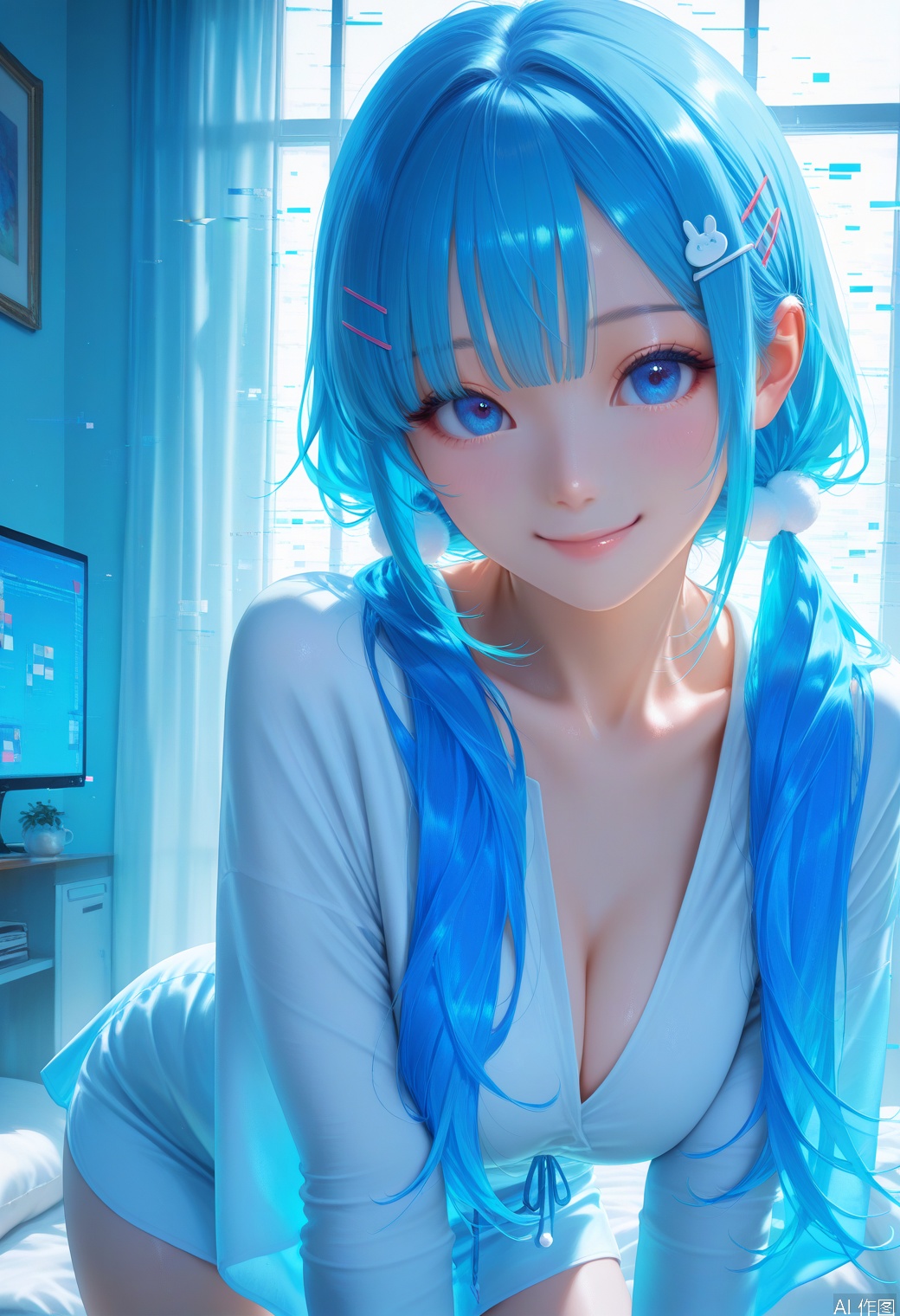 1girl, solo, long hair, looking at viewer, smile, bangs, blue eyes, hair ornament, twintails, blue hair, hairclip, indoors, glitch ,backlighting,blue and white theme,masterpiece,best quality,good quality,newest,year 2024,year 2023,very aesthetic,absurdres,Visual impact,realistic,photorealistic