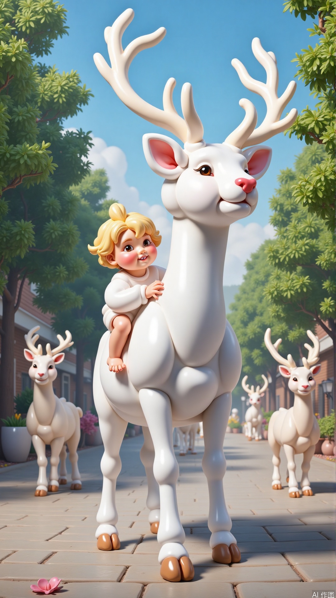 WALLPER, A vibrant white statue of a divine deer, with a child riding a deer on the street as the background
