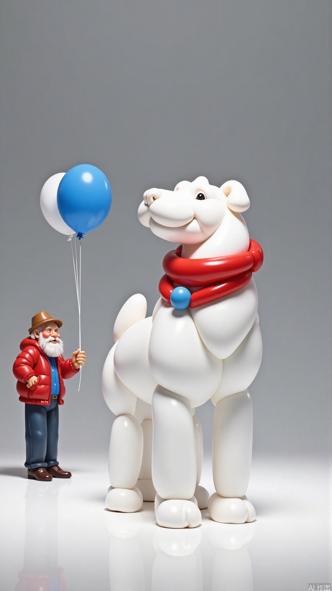 WALLPER, A vibrant white dog statue stands on a pure white surface. The dog wore a red scarf around its neck, adding a touch of color to the scene. The background is pure gray, forming a sharp contrast with the characters. The background is next to an old man selling balloons on the street