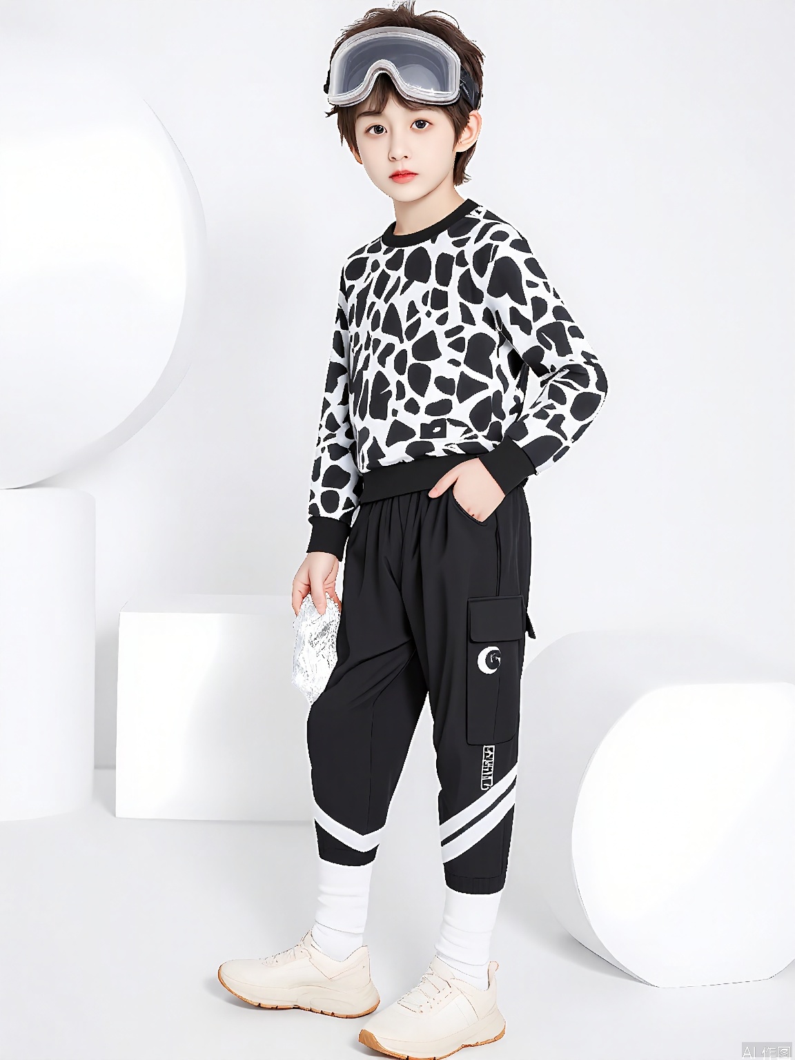 ETMT, Photo of a young boy wearing a black and white geometric patterned sweater, black pants with white stripes, white leg warmers, and beige sneakers. He has curly brown hair and is wearing clear ski goggles on his head. He is holding a silver foil bag in his right hand and standing against a futuristic white background with geometric shapes. The lighting is bright and even, and the overall aesthetic is modern and stylish. The boy is looking directly at the camera with a neutral expression.