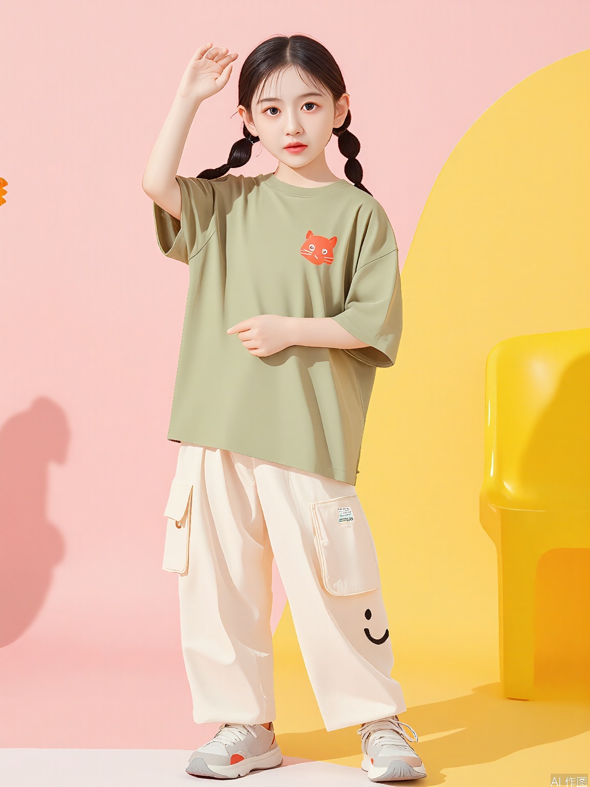ETMT, A young girl with long, braided hair stands confidently in a bright, colorful studio. She wears a loose, olive green t-shirt with a playful red cat design, and beige pants adorned with a cheerful smiley face. Her sneakers are gray with white accents. She stands with one leg bent, one hand on her hip, and the other hand raised, as if in a playful pose. The background is a gradient of pastel pink and yellow, with a yellow plastic chair on the right side. The lighting is soft and even, casting gentle shadows. The overall mood is fun and youthful.