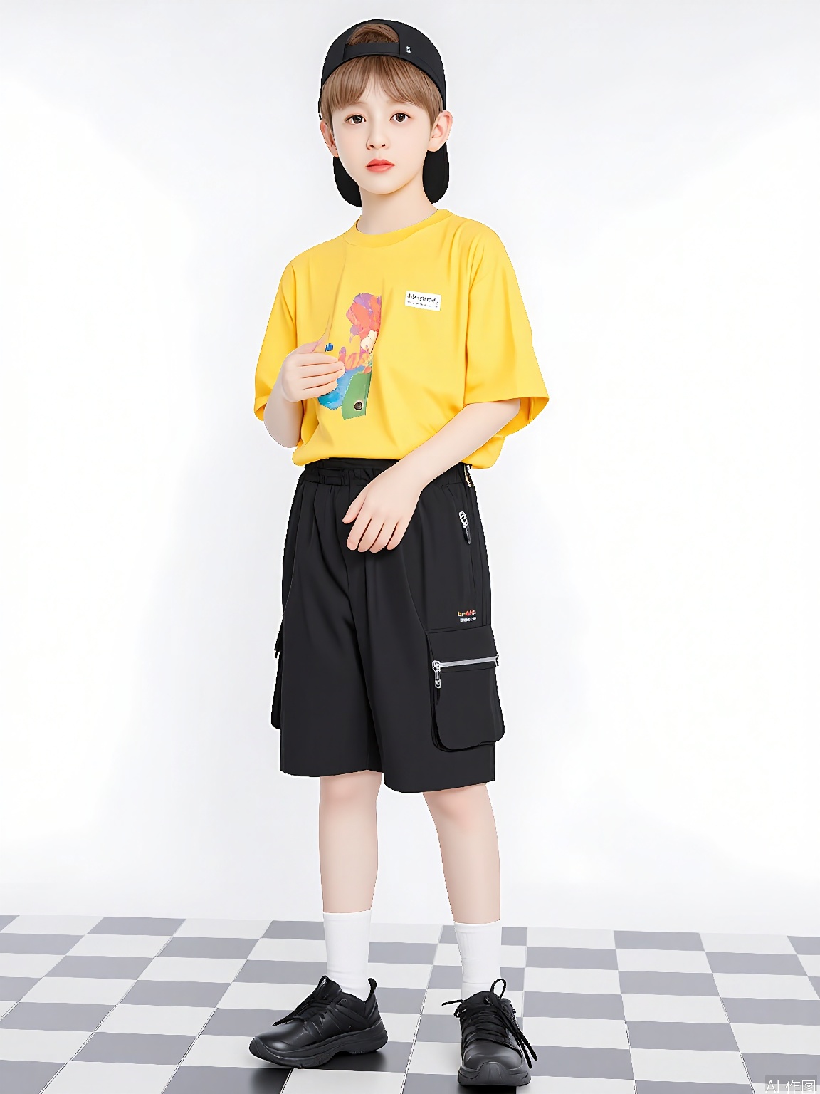 ETMT, Photo of a young boy wearing a yellow t-shirt with a colorful graphic design, black shorts with a zipper pocket, and white socks with black sneakers. He is standing on a checkered floor, looking to the side with a relaxed pose. The background is plain white, and the lighting is soft and even. The boy has light brown hair and a black cap worn backwards. The image has a casual and youthful vibe.