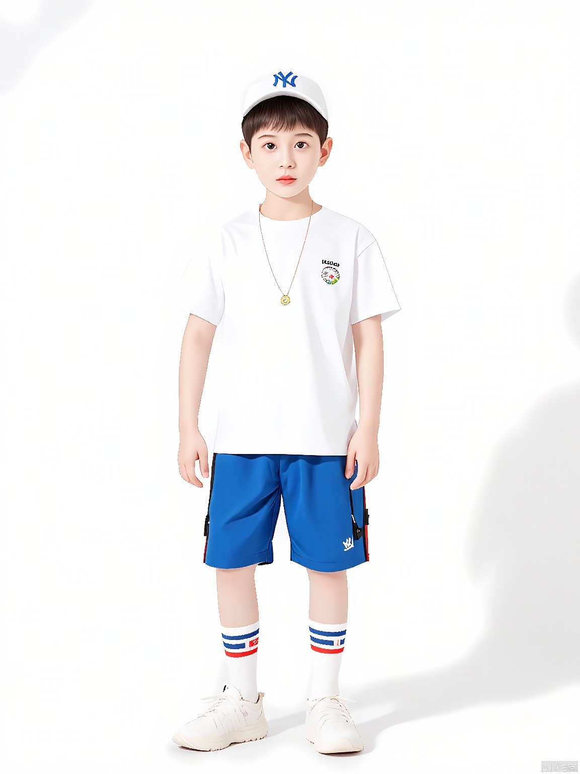 ETMT, A young boy stands against a plain white background, wearing a white t-shirt with a small logo on the chest, blue shorts, white socks with red and blue stripes, and white sneakers. He has a white baseball cap with a blue "NY" logo on it, and he wears a long gold necklace with a circular pendant. The boy has short, dark hair and a neutral expression. The overall style is casual and modern, with a minimalist aesthetic. The image is a high-quality photograph.