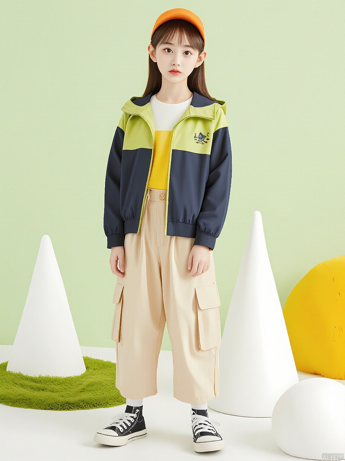 ETMT, A young girl with straight brown hair, wearing a green and navy jacket, tan shorts, black sneakers, and an orange cap, stands in a whimsical setting. She has a neutral expression and is surrounded by three white, cone-shaped trees and a large, fluffy yellow mushroom. The background is a soft, light green, and she is standing on a patch of green grass. The overall style is playful and imaginative, with a soft, pastel color palette.