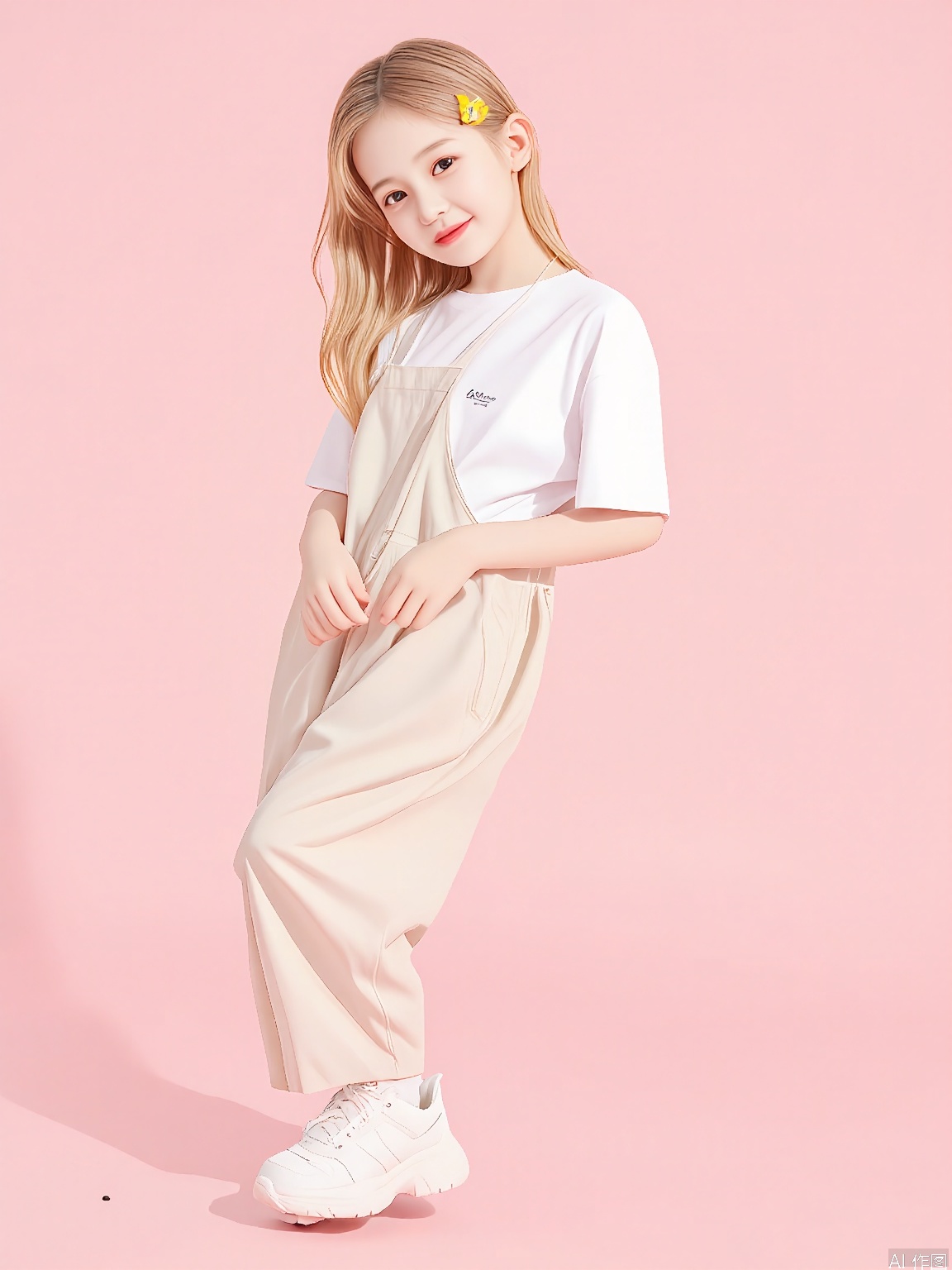 ETMT, A young girl with long, wavy blonde hair, wearing a white t-shirt and light brown overalls, stands on one leg while balancing on the other. She is smiling and has a yellow star hair clip on her left side. The background is a solid light pink color. The girl is wearing white sneakers with thick soles. The image is brightly lit, with soft shadows.