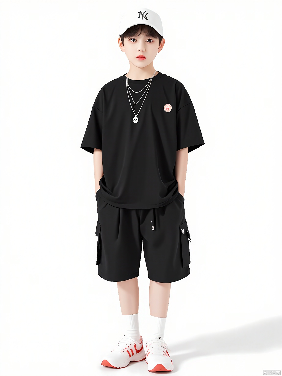 ETMT, A young boy stands confidently in front of a plain white background, wearing a black t-shirt with a small red and white logo on the left chest, black shorts, white sneakers with red accents, and a white cap with a black "NY" logo. He has short dark hair and is wearing multiple necklaces, including a silver chain with a small pendant and another with a skull charm. The boy's hands are in his shorts pockets, and he has a relaxed, casual stance. The overall aesthetic is trendy and youthful.