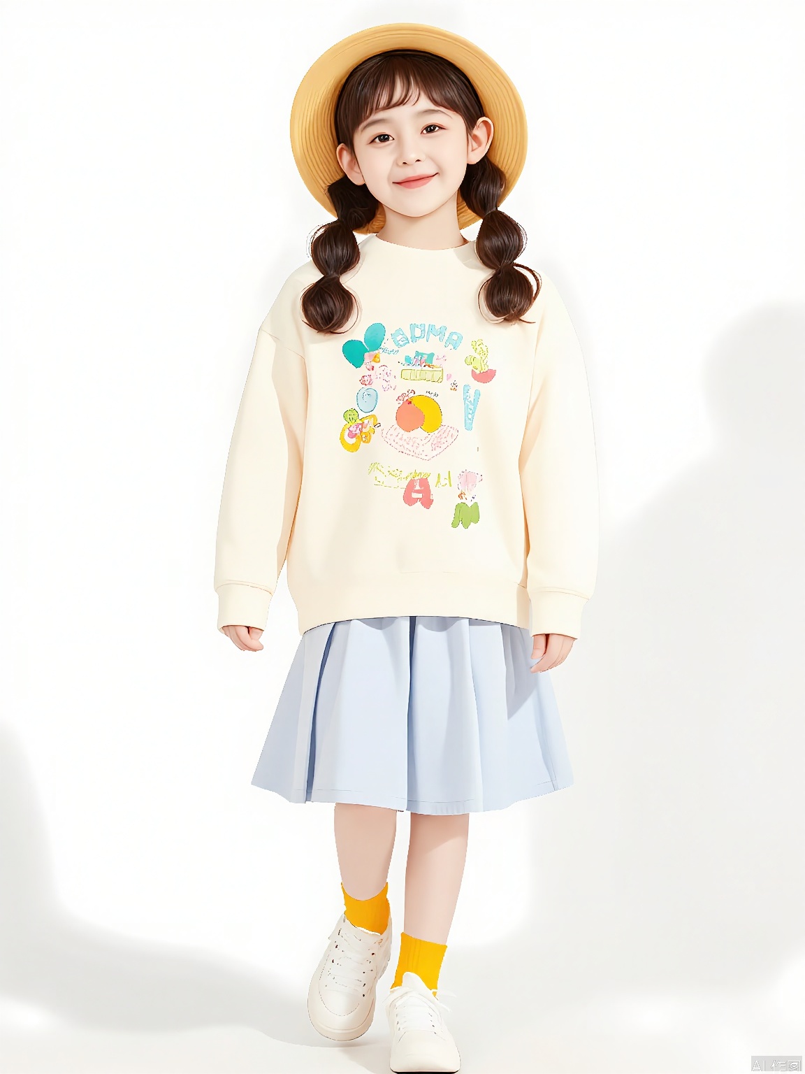 ETMT, Photo of a young girl with curly brown hair in braids, wearing a large, floppy, yellow and white hat, a cream-colored sweater with colorful, whimsical text and graphics, and a light blue, pleated skirt. She is also wearing white sneakers with yellow socks. The girl is walking confidently, smiling, with a playful and carefree expression. The background is a plain white studio setting with a minimalistic, clean aesthetic. The lighting is bright and even, emphasizing the girl's cheerful demeanor. The overall style is casual and playful.