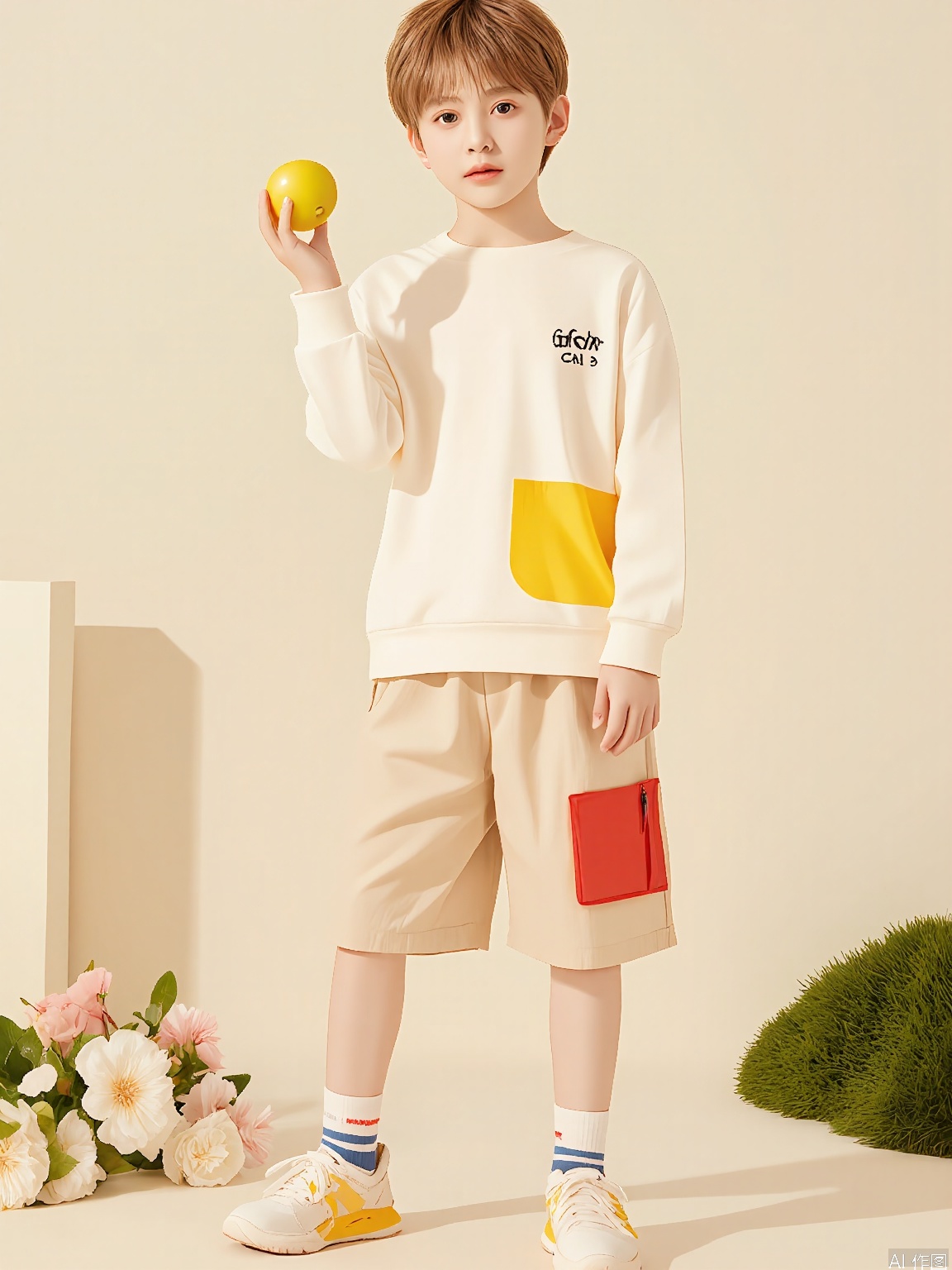 ETMT, A young boy stands outdoors, holding a yellow apple in his right hand. He has light brown hair and is wearing a cream-colored sweater with a large yellow patch on the chest, and beige shorts with a red pocket. He also wears white sneakers with yellow accents and blue socks. The background features a minimalist, beige wall with a grassy patch and several white and pink flowers in the foreground. The lighting is soft and natural, creating a serene atmosphere. The overall aesthetic is casual and charming, with a vintage feel.