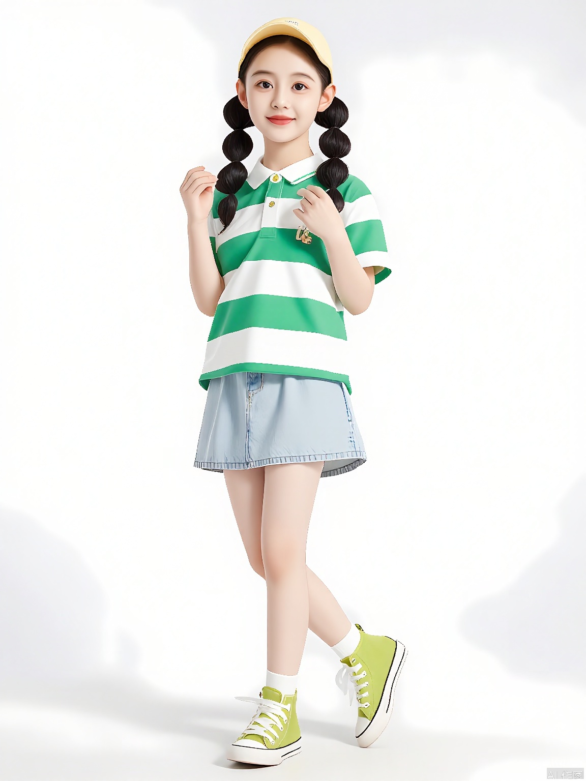 ETMT, Photo of a young girl with long, curly black hair styled in two braids, wearing a light yellow baseball cap, a green and white striped polo shirt, and a light blue denim skirt. She is also wearing green and white high-top sneakers with white laces. The girl is standing against a plain white background, smiling and looking slightly to the side, with one hand holding her braid. The image is bright and colorful, with a casual and playful vibe.