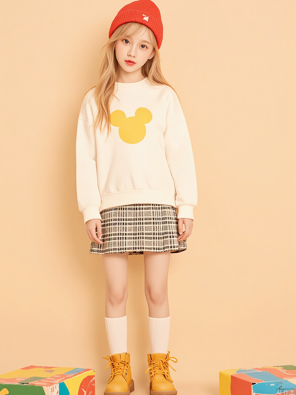 ETMT, A young girl with long blonde hair, wearing a red beanie, oversized white sweater with a yellow mouse design, black and white checkered skirt, white knee-high socks, and yellow work boots. She stands in front of a plain beige wall, with colorful cardboard boxes on the ground behind her. She has a playful expression, looking slightly to the side. The image is a photograph with a warm, soft lighting.