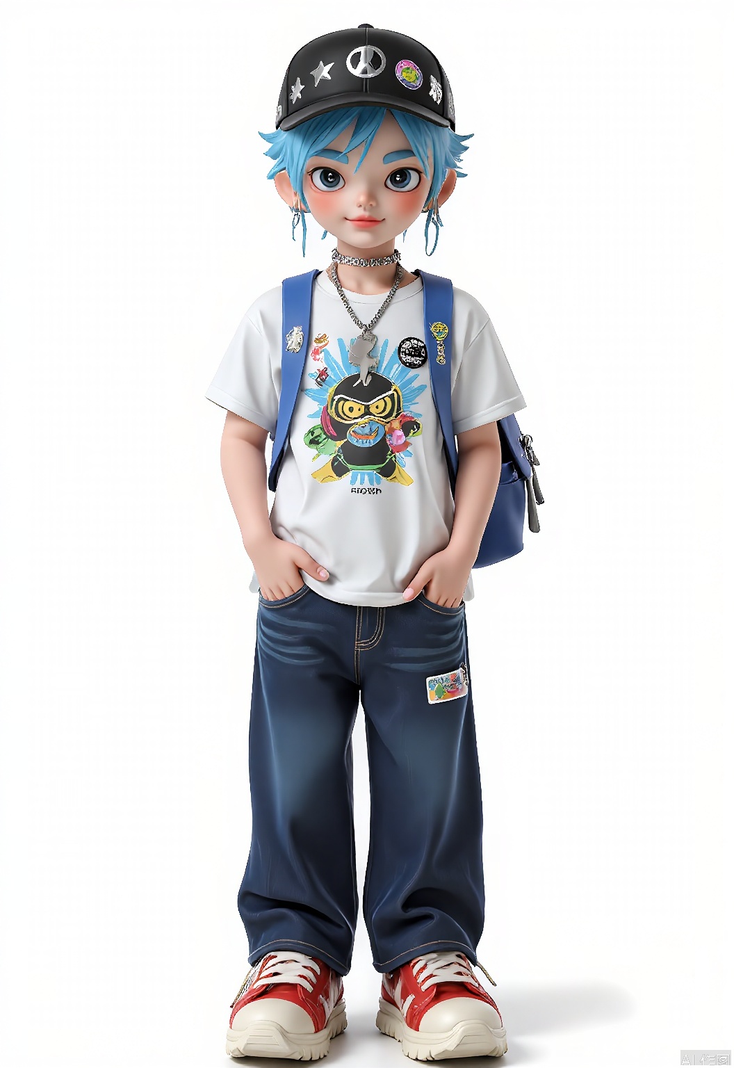CWIP, A digital illustration of a charming anime-style boy with spiky, neon blue hair, donning a white graphic tee, navy blue denim jeans, and red sneakers. He sports large, twinkling eyes, a mischievous grin, and a black baseball cap with silver stars. His outfit is accessorized with a blue backpack adorned with robot stickers and a silver chain necklace with a lightning bolt pendant. The background is a clean white, and the art style is dynamic and colorful, exuding a sense of adventure and energy.
