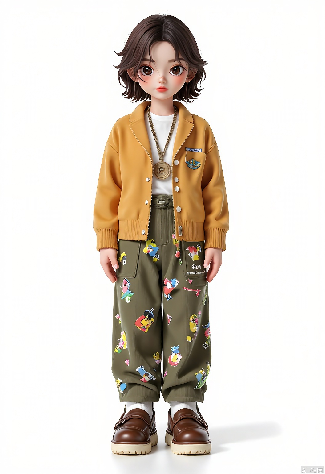 CWIP, Illustration of a chibi-style figure with short, curly brown hair and large, thoughtful eyes. Clad in a mustard yellow cardigan with white buttons, a white blouse, and olive green corduroy pants adorned with tiny cartoon characters. Accessorized with a bronze pocket watch necklace and brown loafers with white soles, against a simple white background, embodying the charm of contemporary manga.
