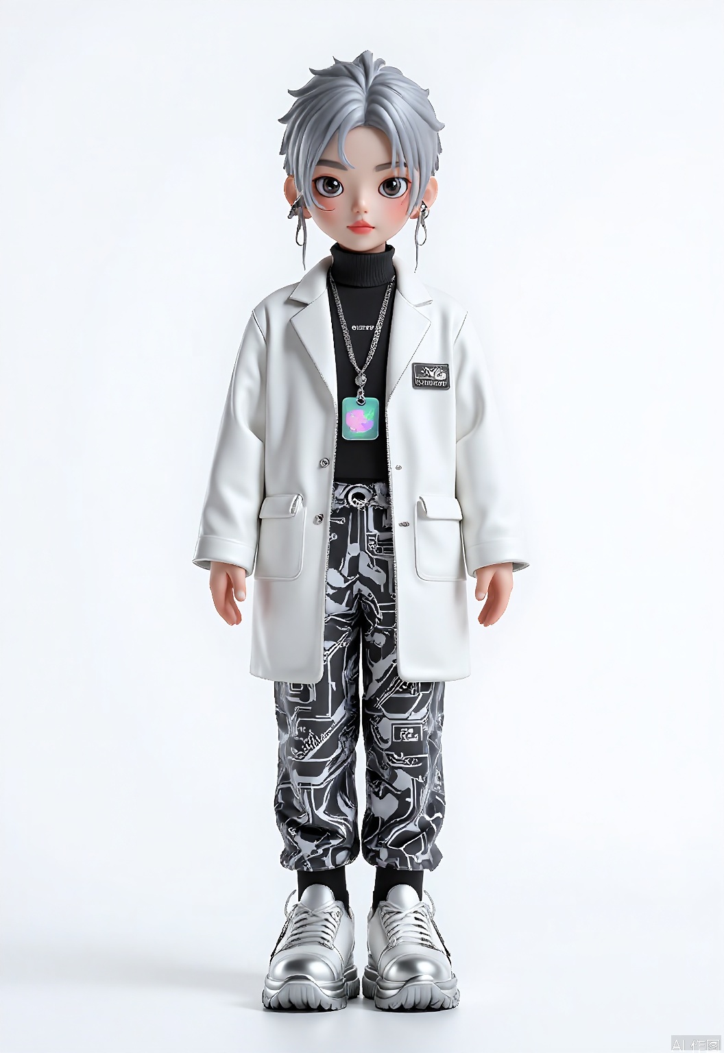 CWIP, A digital chibi character with spiky silver hair and large, joyful eyes. Wearing a white lab coat with black accents, a black turtleneck, and silver metallic pants featuring circuit board patterns. The character sports a holographic ID badge necklace and white sneakers with silver trim, set against a clean white backdrop, reminiscent of futuristic anime style.
