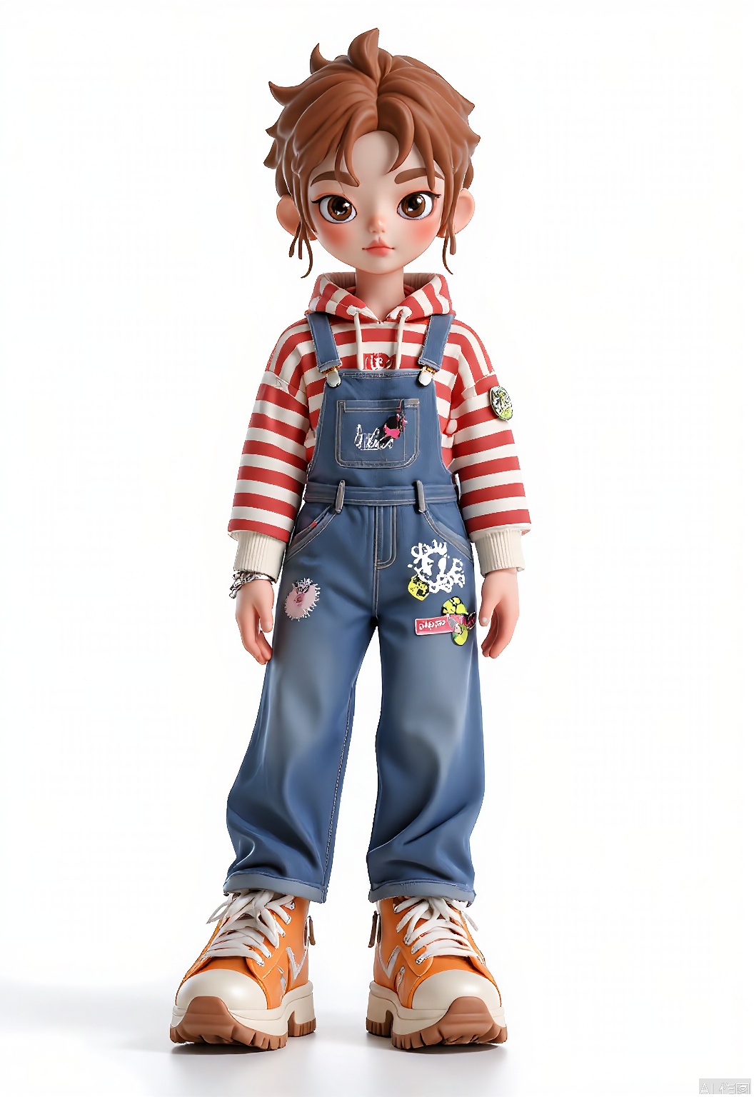 CWIP, A digital chibi character with spiky orange hair and large, mischievous eyes. Clad in a red and white striped hoodie, a black bralette, and denim overalls featuring hand-drawn patches. The character wears a silver charm bracelet and orange high-tops with white laces, set against a clean white backdrop, reminiscent of modern anime artistry.
