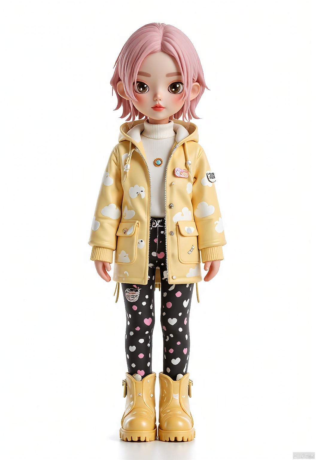 CWIP, Stylized chibi illustration with short, fluffy pink hair and large, soulful eyes. Wearing a pastel yellow raincoat with white clouds print, a white turtleneck, and black leggings adorned with tiny heart motifs. Accessorized with a pearl hairpin and yellow rain boots with white polka dots, against a pristine white background, capturing the whimsy of modern manga design.
