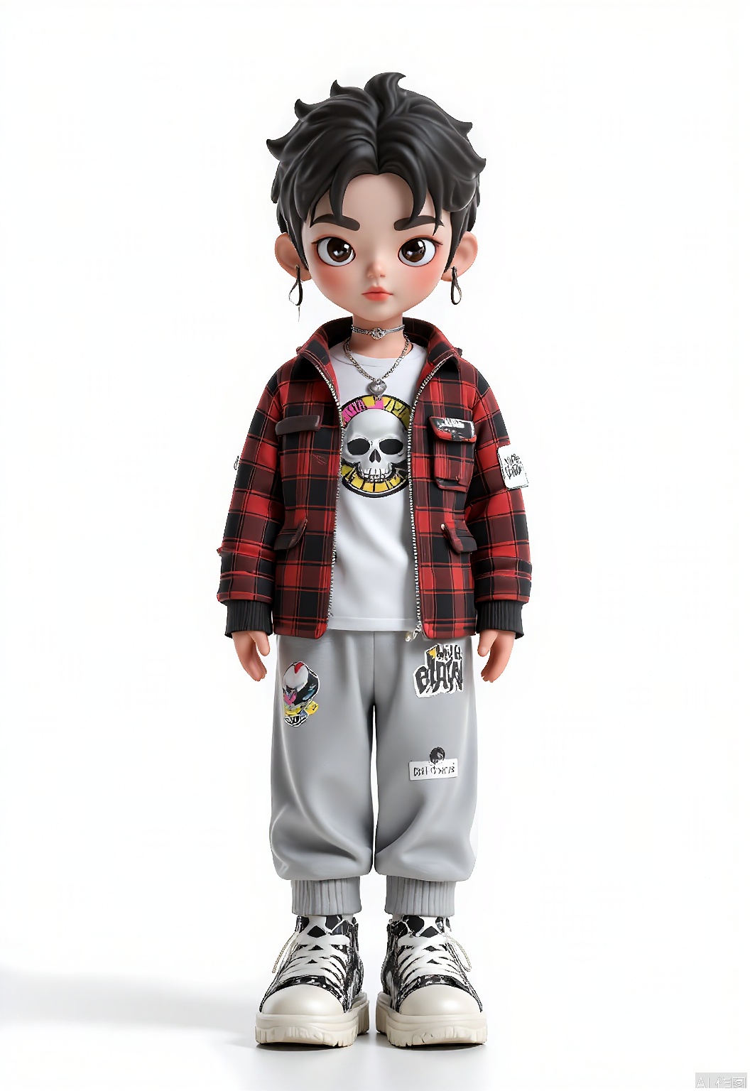 CWIP, Digital artwork of a cute chibi character with spiky black and white hair and big, innocent eyes. Clad in a red and black plaid flannel, a white graphic tee, and gray sweatpants featuring pixel art designs. The character wears a silver skull necklace and black and white checkered Vans, amidst a blank white setting, evoking a playful anime style.
