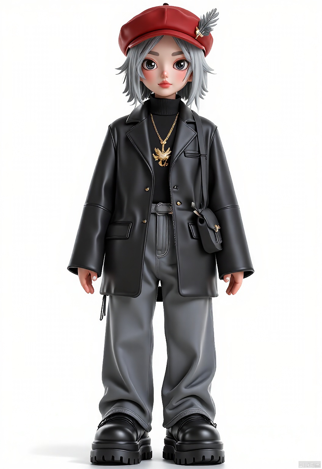 CWIP, An illustrated anime-style character, a young woman with short, straight silver hair, clad in a black leather jacket, gray skinny jeans, and black ankle boots. Her striking features include large, intense eyes, a confident smile, and a red beret with a feather pin. Accessorized with a black crossbody bag and a gold necklace with a phoenix pendant, set against a pristine white background, the art style is bold and expressive, radiating elegance and strength.
