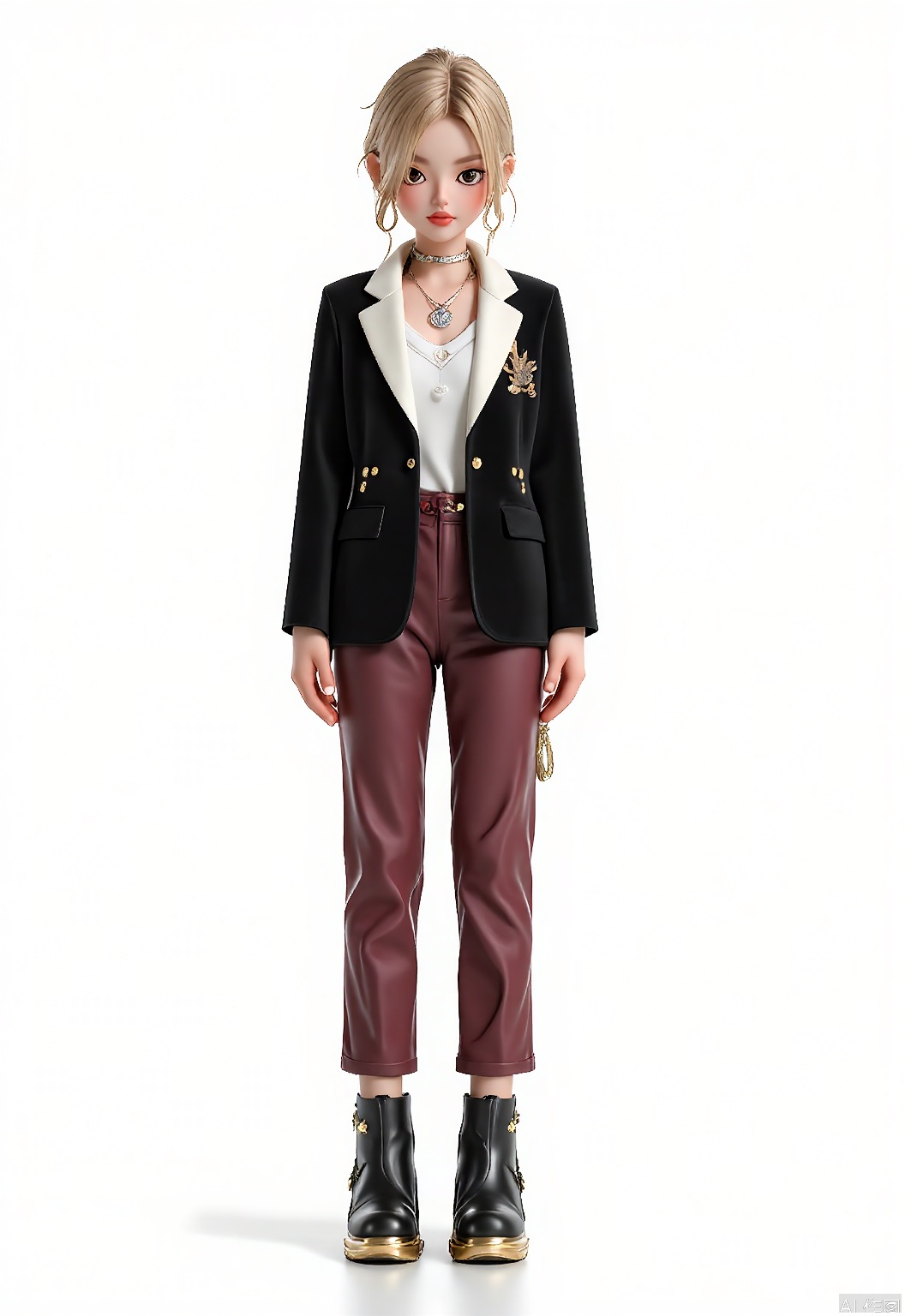 CWIP, A digital chibi character with spiky gold hair and large, mischievous eyes. Clad in a black velvet blazer with white satin lapels, a white silk blouse, and burgundy leather pants featuring gold studs. The character wears a diamond pendant necklace and black ankle boots with gold heels, set against a clean white backdrop, reminiscent of luxurious anime fashion.
