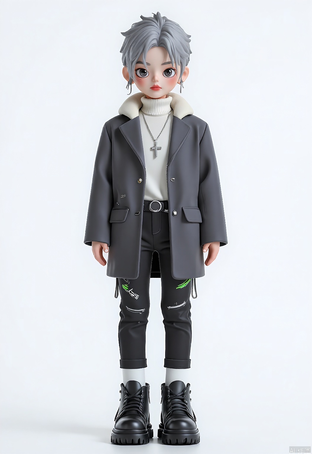 CWIP, Digital artwork of a cute chibi character with spiky gray hair and big, sparkling eyes. Donning a charcoal gray pea coat with white fur trim, a white turtleneck, and black skinny jeans featuring glowing neon accents. The character wears a silver cross necklace and black boots with white stitching, amidst a blank white setting, evoking a modern anime aesthetic.
