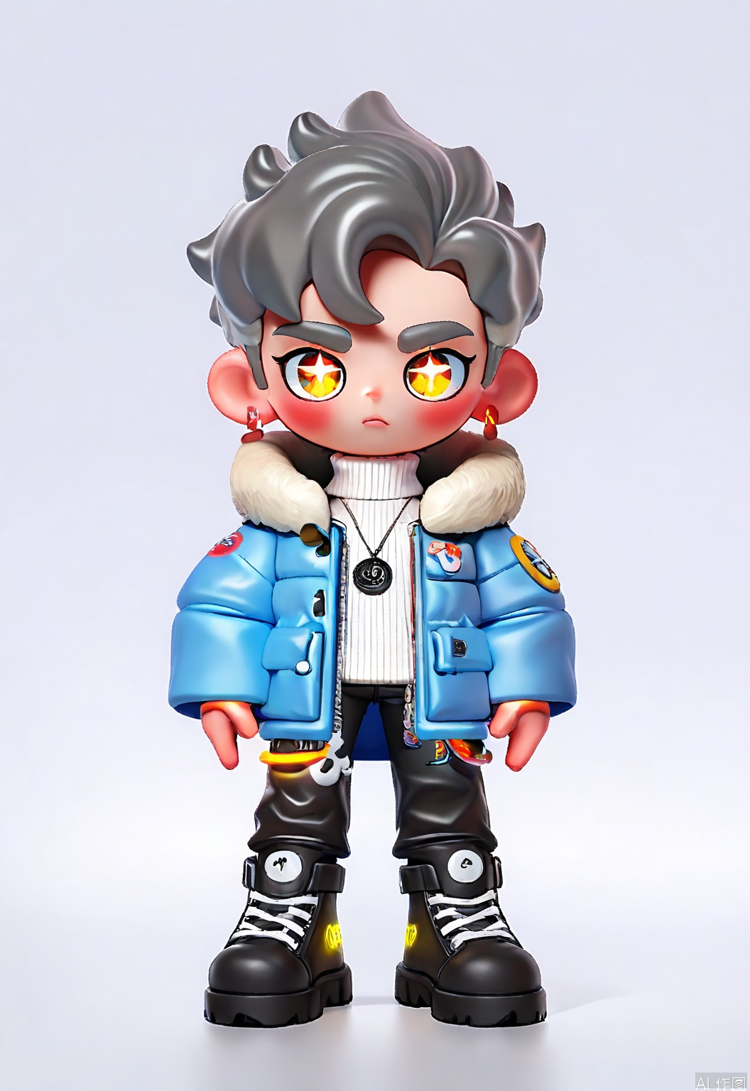 CWIP, Digital artwork of a cute chibi character with spiky gray hair and big, sparkling eyes. Donning a charcoal gray pea coat with white fur trim, a white turtleneck, and black skinny jeans featuring glowing neon accents. The character wears a silver cross necklace and black boots with white stitching, amidst a blank white setting, evoking a modern anime aesthetic.