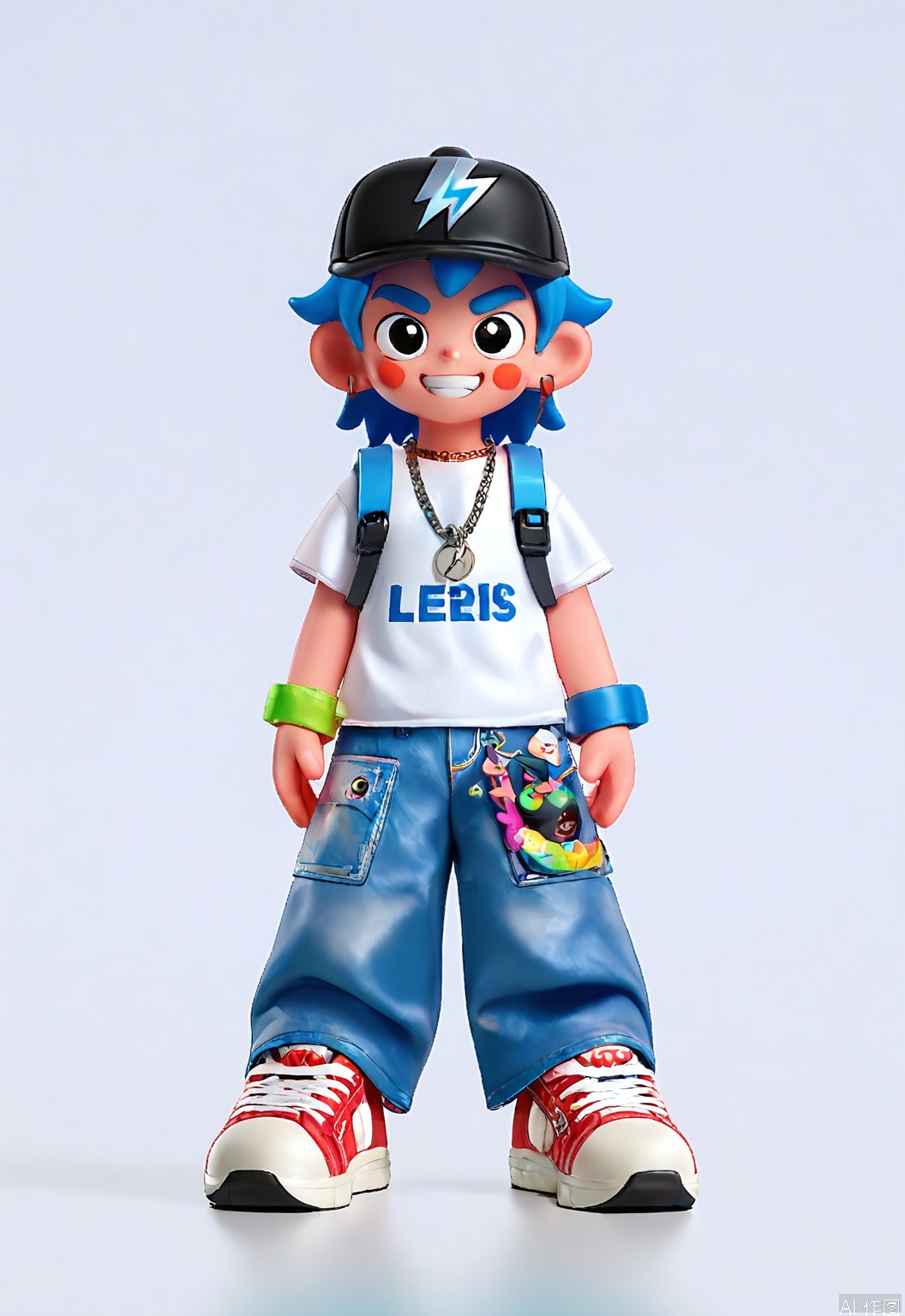 CWIP, A digital illustration of a charming anime-style boy with spiky, neon blue hair, donning a white graphic tee, navy blue denim jeans, and red sneakers. He sports large, twinkling eyes, a mischievous grin, and a black baseball cap with silver stars. His outfit is accessorized with a blue backpack adorned with robot stickers and a silver chain necklace with a lightning bolt pendant. The background is a clean white, and the art style is dynamic and colorful, exuding a sense of adventure and energy.
