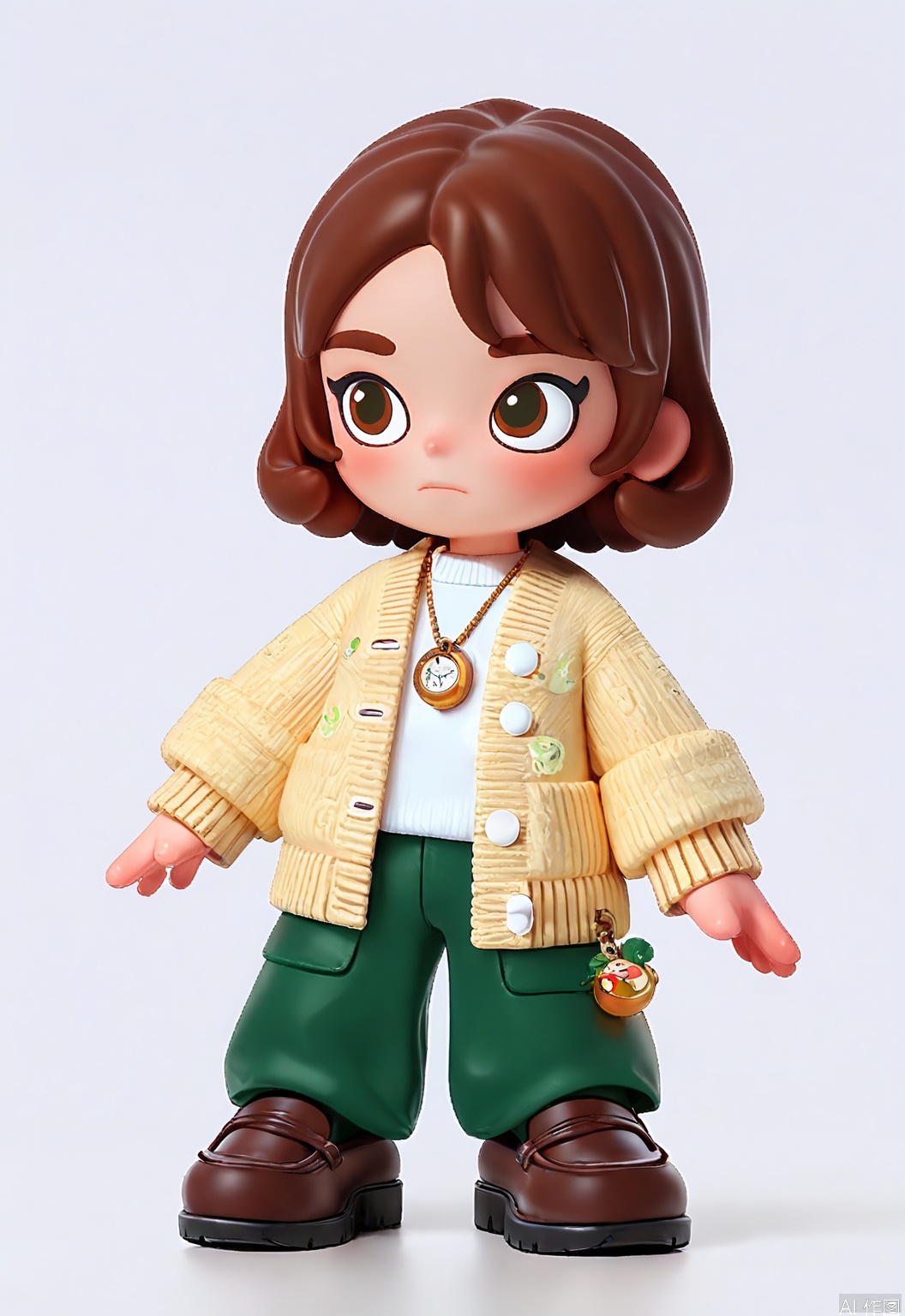 CWIP, Illustration of a chibi-style figure with short, curly brown hair and large, thoughtful eyes. Clad in a mustard yellow cardigan with white buttons, a white blouse, and olive green corduroy pants adorned with tiny cartoon characters. Accessorized with a bronze pocket watch necklace and brown loafers with white soles, against a simple white background, embodying the charm of contemporary manga.
