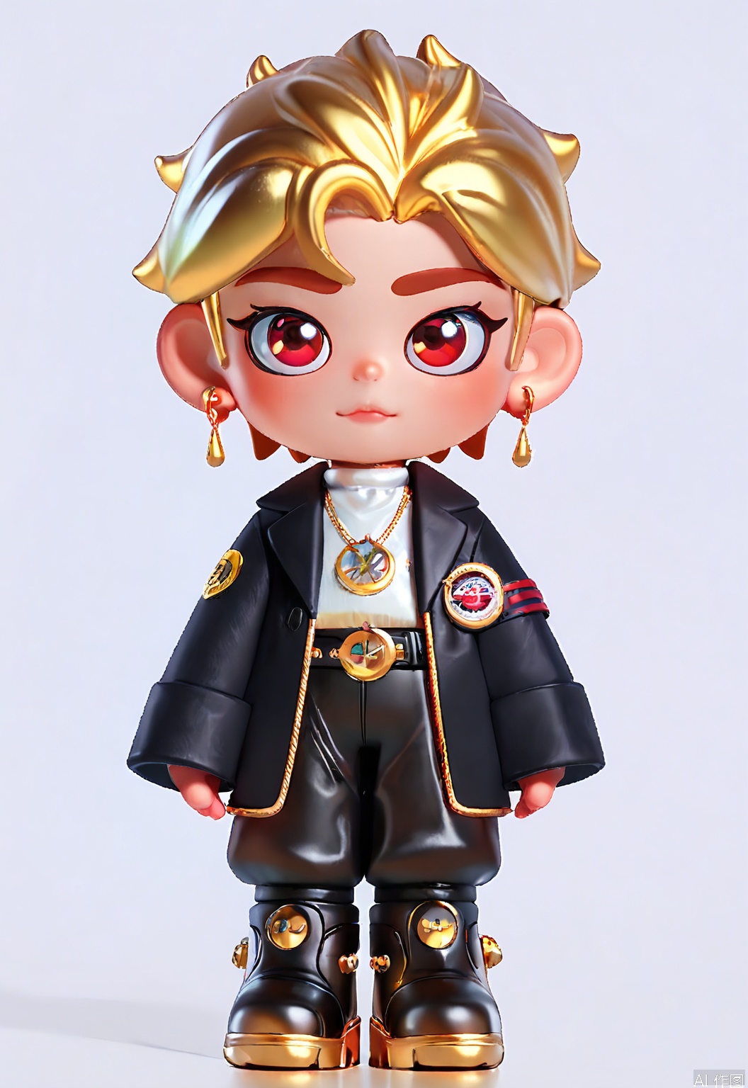CWIP, A digital chibi character with spiky gold hair and large, mischievous eyes. Clad in a black velvet blazer with white satin lapels, a white silk blouse, and burgundy leather pants featuring gold studs. The character wears a diamond pendant necklace and black ankle boots with gold heels, set against a clean white backdrop, reminiscent of luxurious anime fashion.
