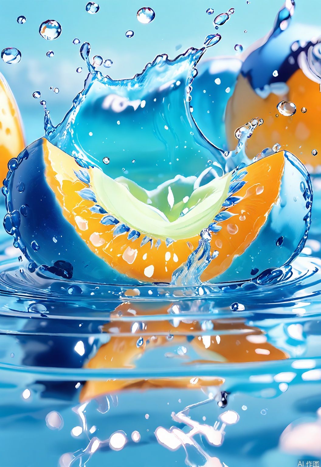 SHFJ, Photograph of a bottle of body wash with a bold, graphic design, splashed with water droplets that create a dynamic and energetic effect. The body wash bottle is vibrant and eye-catching, with a label that features abstract aquatic patterns. Some droplets are flying off the bottle, partially submerged in a reflective, rippling water surface below. The background is a gradient of navy blue, enhancing the body wash's bright colors. The image is well-lit, emphasizing the bottle's glossy finish and the clarity of the water. The composition highlights the body wash's invigorating and refreshing scent.
