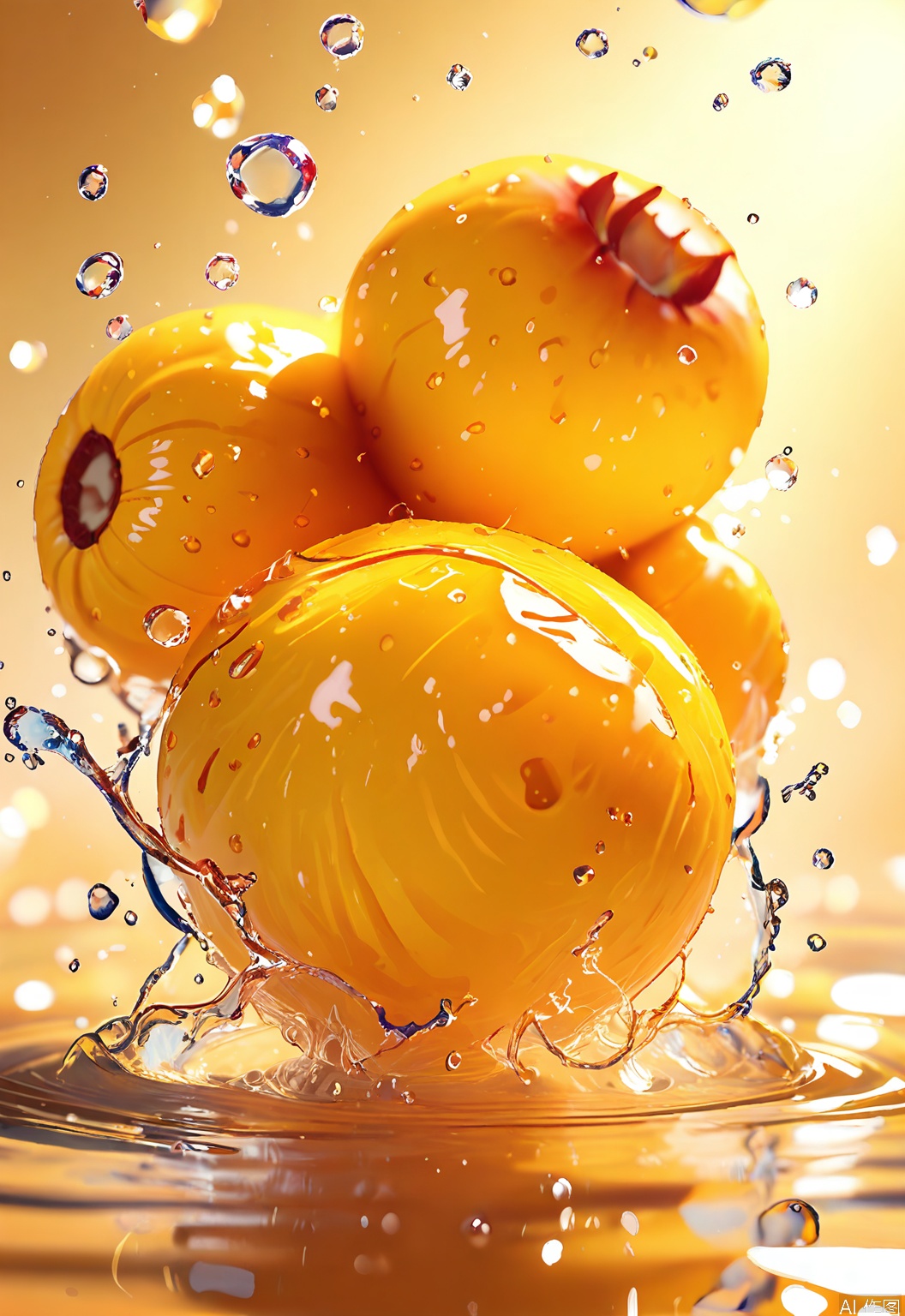 SHFJ, Photograph of a tube of facial serum with a golden, luxurious finish, surrounded by a cascade of water droplets that create a sense of opulence and indulgence. The serum tube is elegant and sophisticated, with a design that suggests high-end ingredients and advanced skincare technology. Some droplets are falling towards a reflective, rippling water surface below, adding a touch of movement and vitality. The background is a gradient of gold to deep brown, enhancing the serum's rich and decadent appearance. The image is well-lit, emphasizing the tube's metallic sheen and the clarity of the water. The composition focuses on the serum's anti-aging and rejuvenating properties.
