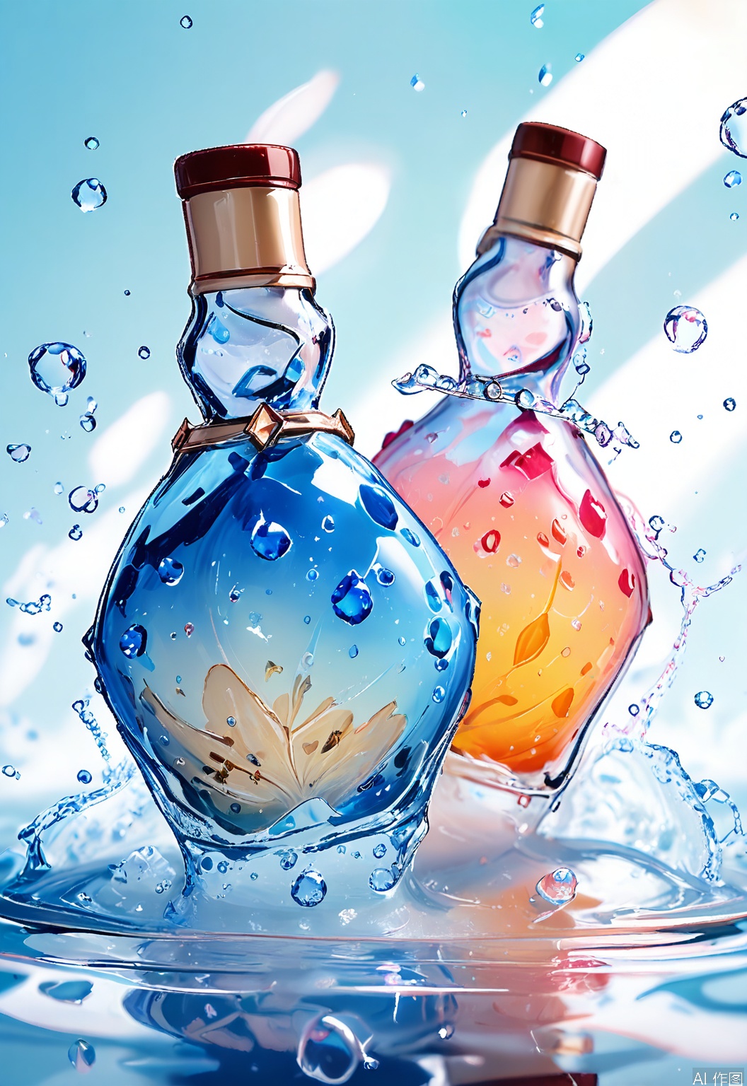 SHFJ, Photograph of a bottle of perfume with a sleek, minimalist design, adorned with water droplets that refract light into a spectrum of colors. The perfume bottle is elegant and timeless, with a label that features abstract aquatic motifs. Some droplets are clinging to the bottle, partially submerged in a reflective, rippling water surface below. The background is a gradient of silver to deep blue, enhancing the perfume's luxurious and mysterious appearance. The image is well-lit, emphasizing the bottle's glassy surface and the clarity of the water. The composition focuses on the perfume's unique scent and long-lasting wear.
