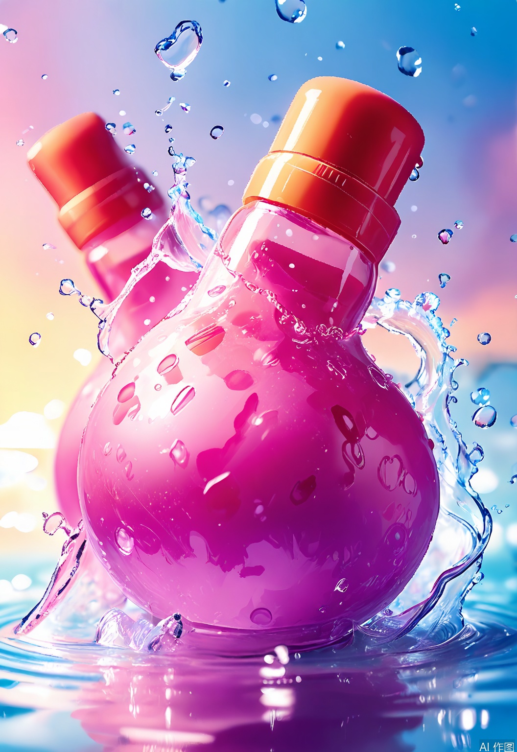 SHFJ, Photograph of a bottle of shampoo with a sleek, modern design, surrounded by splashing water droplets that catch the light like diamonds. The shampoo bottle is vibrant and eye-catching, with a label featuring fresh, aquatic hues. Some droplets are partially submerged in a reflective, rippling water surface below, creating a dynamic effect. The background is a gradient of deep blue, enhancing the shampoo's bright colors. The image is well-lit, emphasizing the bottle's glossy finish and the clarity of the water. The overall composition is visually striking, with a focus on the refreshing and invigorating qualities of the shampoo.
