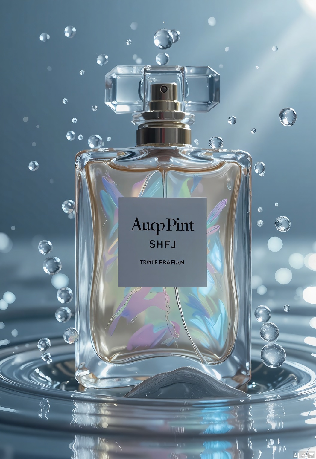 SHFJ, 
Photograph of a bottle of perfume with a sleek, minimalist design, adorned with water droplets that refract light into a spectrum of colors. The perfume bottle is elegant and timeless, with a label that features abstract aquatic motifs. Some droplets are clinging to the bottle, partially submerged in a reflective, rippling water surface below. The background is a gradient of silver to deep blue, enhancing the perfume's luxurious and mysterious appearance. The image is well-lit, emphasizing the bottle's glassy surface and the clarity of the water. The composition focuses on the perfume's unique scent and long-lasting wear.
