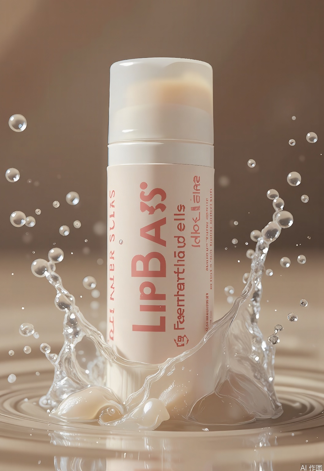 SHFJ, 
Photograph of a tube of lip balm with a soft, matte finish, surrounded by a gentle spray of water droplets that add a touch of freshness. The lip balm tube is natural and nourishing, with a design that suggests organic ingredients. Some droplets are settling on the tube, partially submerged in a reflective, rippling water surface below. The background is a gradient of earthy tones, creating a warm and inviting contrast with the lip balm's colors. The image is well-lit, emphasizing the tube's texture and the clarity of the water. The composition focuses on the lip balm's moisturizing and protective qualities.
