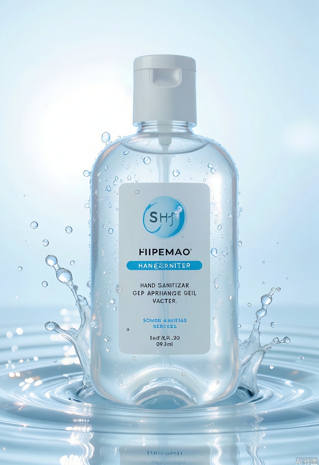 SHFJ, 
Photograph of a bottle of hand sanitizer with a clear, gel-like texture, adorned with water droplets that refract light into a prism of colors. The hand sanitizer bottle is pure and effective, with a label that features clean, minimalist graphics. Some droplets are clinging to the bottle, partially submerged in a reflective, rippling water surface below. The background is a gradient of light blue to transparent, creating a clean and hygienic contrast with the hand sanitizer's clarity. The image is well-lit, emphasizing the bottle's transparency and the water's purity. The composition highlights the hand sanitizer's germ-killing properties and portability.
