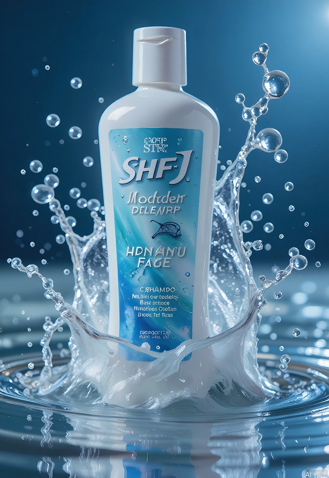 SHFJ, 
Photograph of a bottle of shampoo with a sleek, modern design, surrounded by splashing water droplets that catch the light like diamonds. The shampoo bottle is vibrant and eye-catching, with a label featuring fresh, aquatic hues. Some droplets are partially submerged in a reflective, rippling water surface below, creating a dynamic effect. The background is a gradient of deep blue, enhancing the shampoo's bright colors. The image is well-lit, emphasizing the bottle's glossy finish and the clarity of the water. The overall composition is visually striking, with a focus on the refreshing and invigorating qualities of the shampoo.
