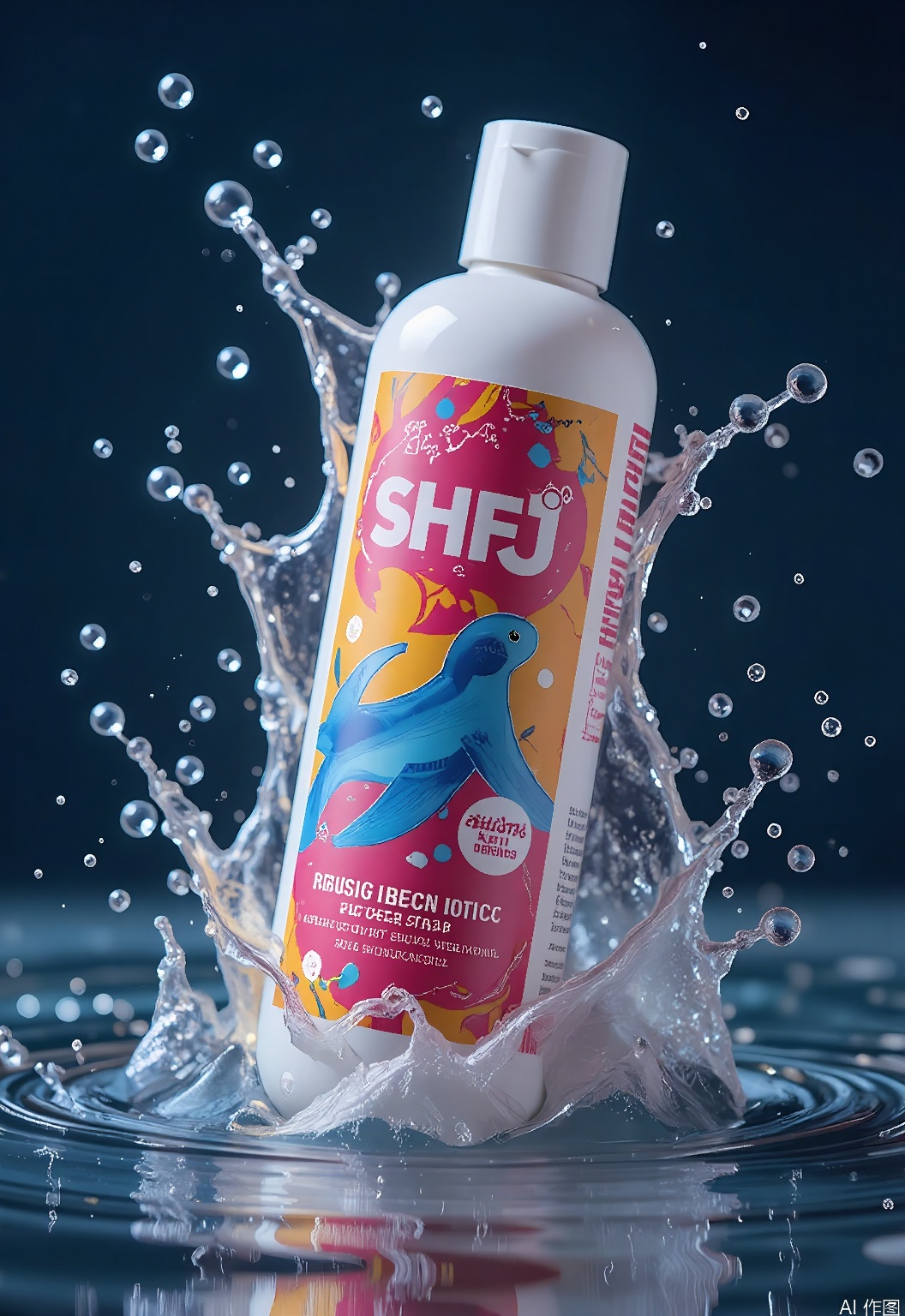 SHFJ, 
Photograph of a bottle of body wash with a bold, graphic design, splashed with water droplets that create a dynamic and energetic effect. The body wash bottle is vibrant and eye-catching, with a label that features abstract aquatic patterns. Some droplets are flying off the bottle, partially submerged in a reflective, rippling water surface below. The background is a gradient of navy blue, enhancing the body wash's bright colors. The image is well-lit, emphasizing the bottle's glossy finish and the clarity of the water. The composition highlights the body wash's invigorating and refreshing scent.
