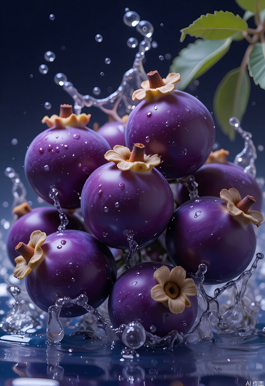 SHFJ, 
Photograph of a platter of mangosteens with a deep purple color, splashed with water droplets that create a shimmering effect. The mangosteens are fresh and sweet, some partially submerged in a reflective, rippling water surface below. The background is a gradient of indigo, creating a stunning contrast with the mangosteens' bright color. The image is well-lit, emphasizing the mangosteens' smooth skin and the clarity of the water. The mangosteens are arranged in a circular pattern, with some leaves visible, adding a touch of natural elegance.
