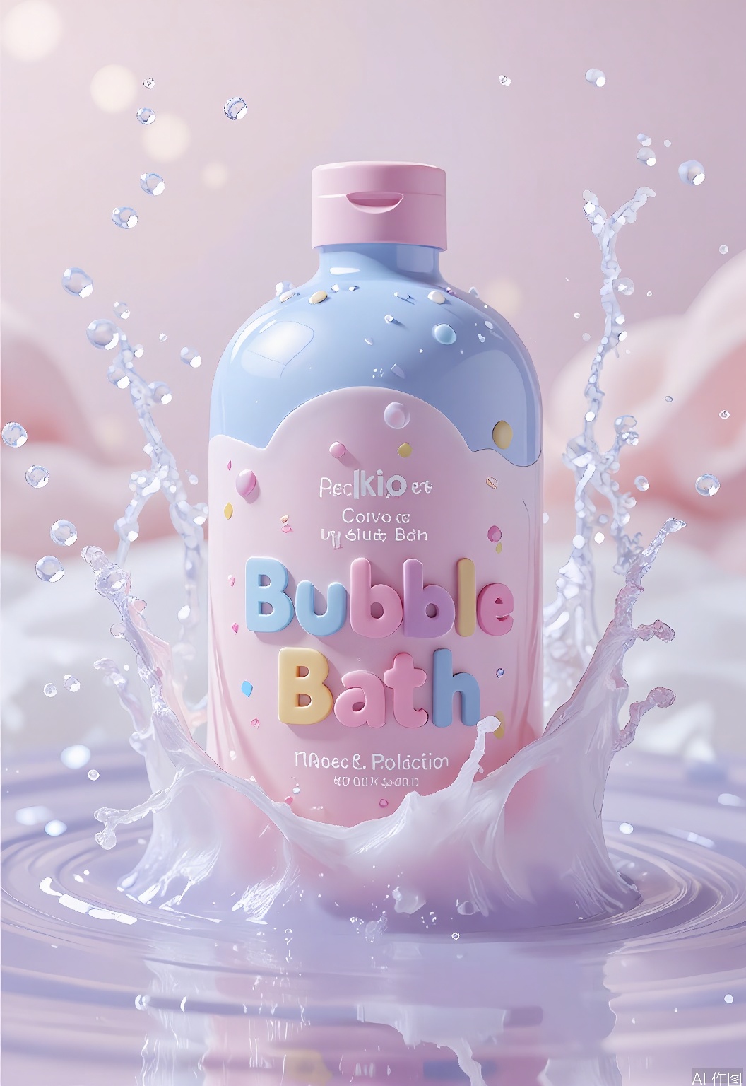 SHFJ, 
Photograph of a bottle of bubble bath with a playful, pastel color palette, splashed with water droplets that create a fun and whimsical effect. The bubble bath bottle is lively and energetic, with a design that evokes a sense of joy and relaxation. Some droplets are bouncing off the bottle, partially submerged in a reflective, rippling water surface below. The background is a gradient of light pink to lavender, creating a soft and dreamy contrast with the bubble bath's colors. The image is well-lit, emphasizing the bottle's glossy finish and the clarity of the water. The composition highlights the bubble bath's luxurious and indulgent scent.
