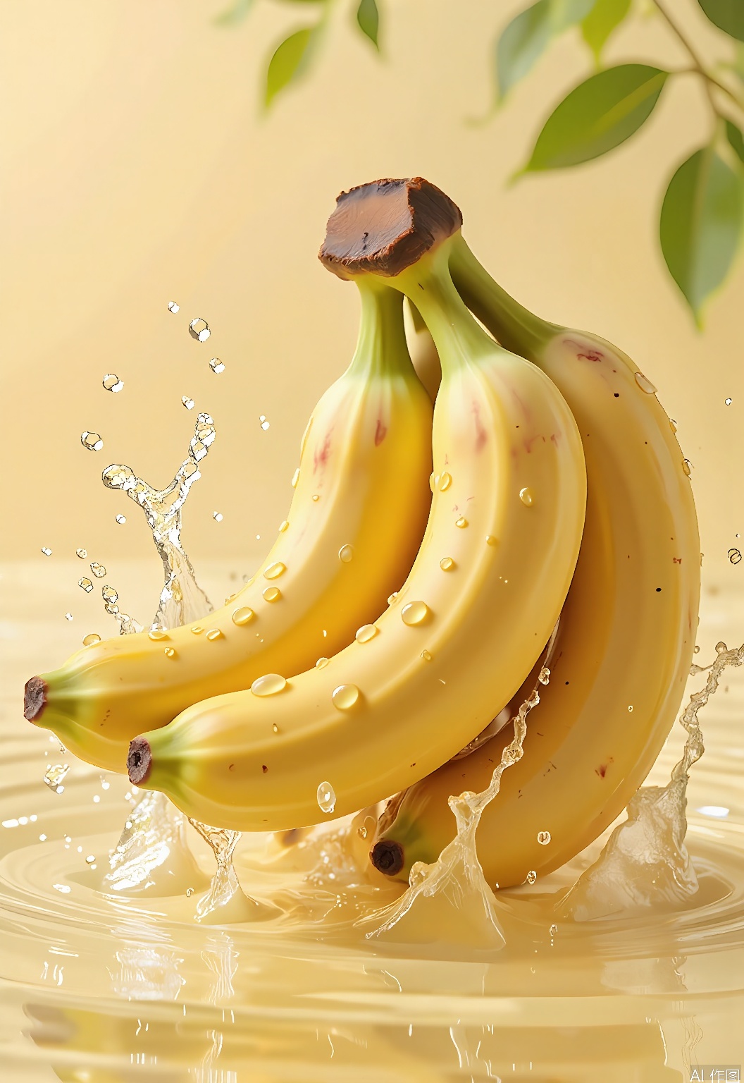 SHFJ, 
Photograph of a bunch of bananas with a sunny yellow hue, splashed with water droplets that roll down their curved surfaces. The bananas are ripe and sweet, some partially submerged in a reflective, rippling water surface below. The background is a gradient of pale yellow, enhancing the bananas' warm color. The image is well-lit, emphasizing the bananas' smooth skin and the clarity of the water. The bananas are arranged in a bunch, with some green leaves visible, adding a touch of tropical flair.
