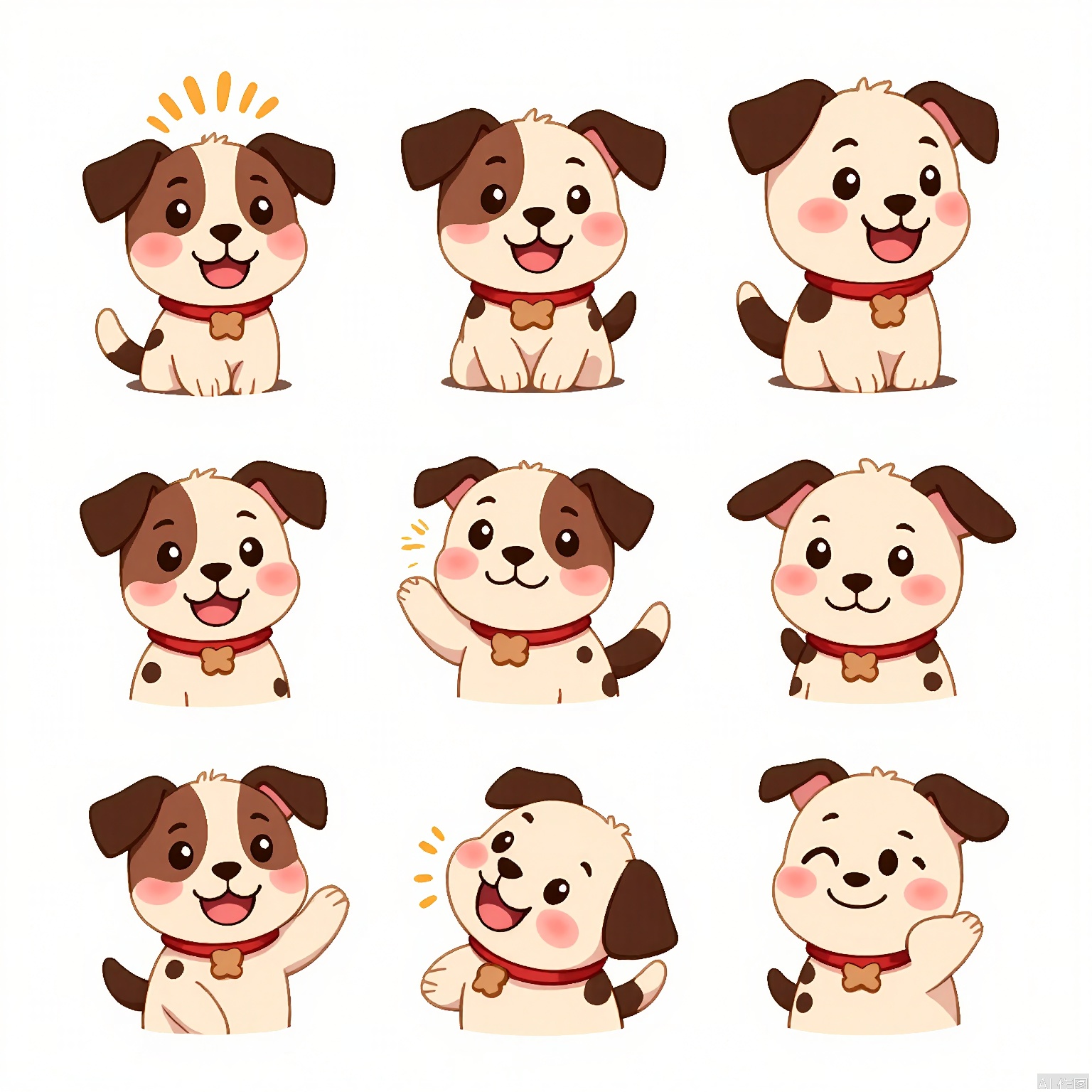 DWBQ, A digital artwork of a playful, spotted dalmatian puppy, organized in a 3x3 grid, each cell featuring a different expression: excited barking, happy wagging, curious sniffing, content lounging, playful chasing, and relaxed sitting. The puppy has a small red collar with a bone tag. The background is white. The style is cute and energetic, with bold patterns and bright colors.
