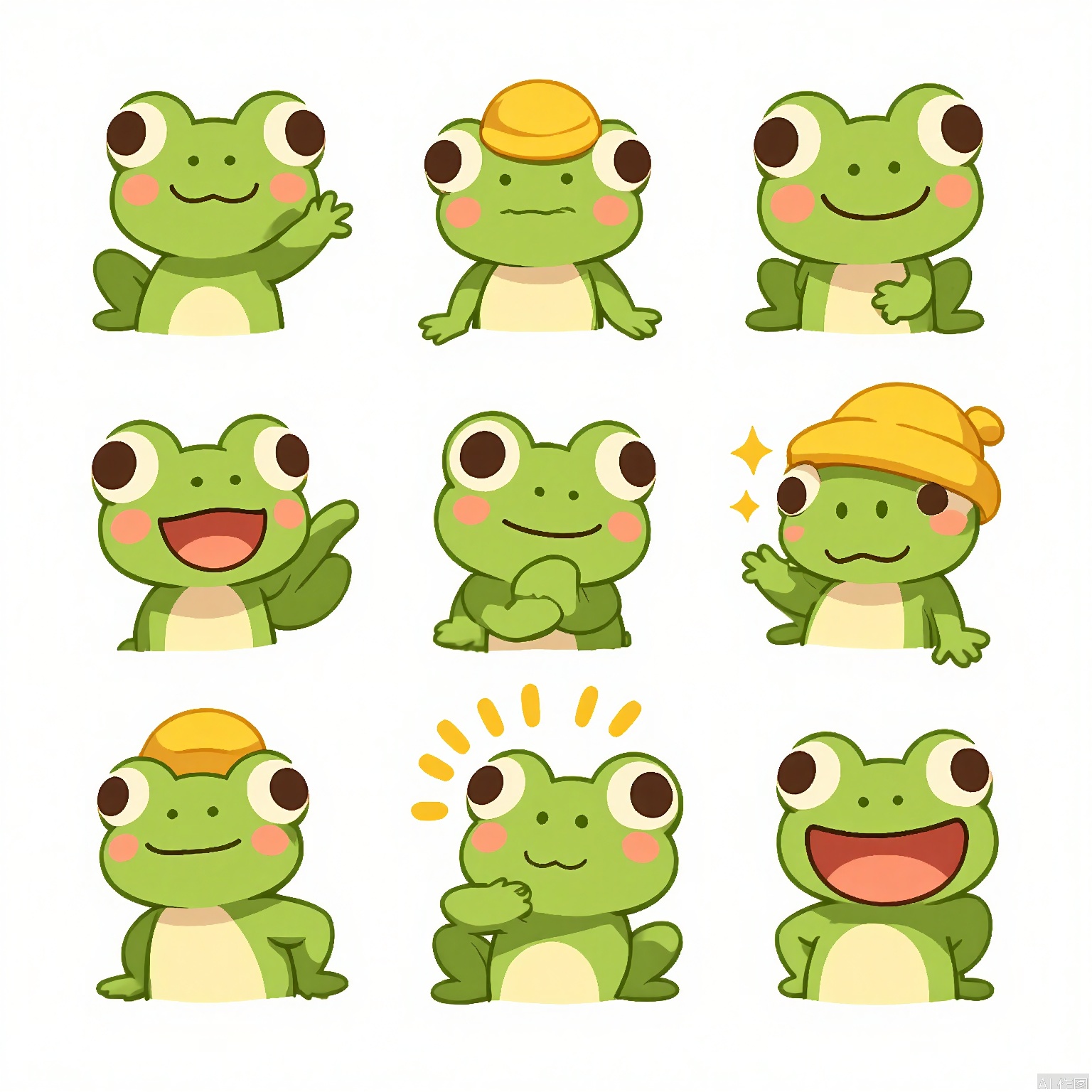 DWBQ, A digital artwork of a curious, green frog with big eyes, organized in a 3x3 grid, each cell featuring a different expression: wide-eyed staring, playful leaping, content croaking, surprised blinking, curious exploring, and relaxed sitting. The frog has a tiny yellow hat on its head. The background is white. The style is lively and colorful, with vibrant textures and bright tones.
