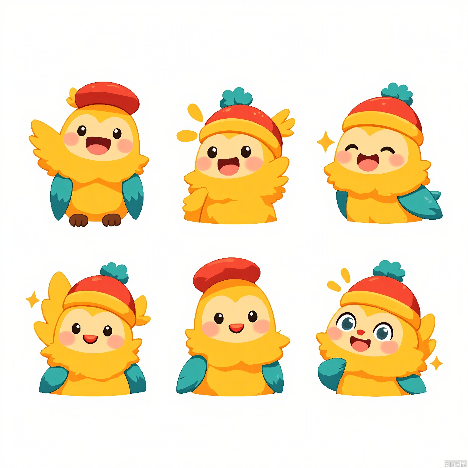 DWBQ, A digital illustration of a cheerful, parrot with vibrant feathers, arranged in a 3x3 grid, each cell showcasing a different expression: happy squawking, playful preening, curious exploring, content perching, surprised widening (of eyes), and singing melodiously. The parrot has a tiny red and yellow hat on its head. The background is white. The style is lively and colorful, with bold patterns and bright hues.
