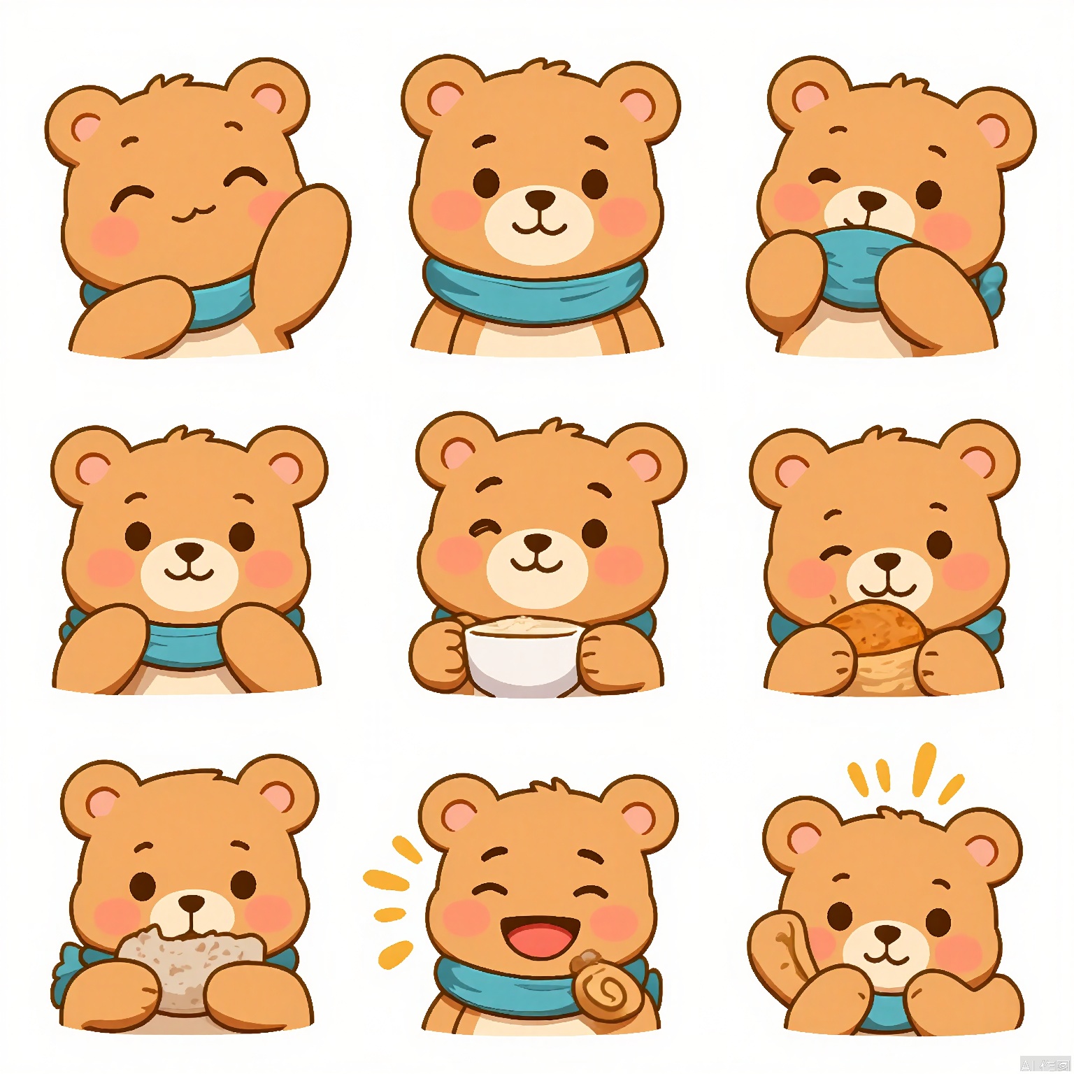 DWBQ, A digital illustration of a friendly, brown bear with a shaggy coat, arranged in a 3x3 grid, each cell showcasing a different expression: happy smiling, playful wrestling, curious sniffing, peaceful dozing, content munching, and majestic standing. The bear has a small blue scarf around its neck. The background is white. The style is cuddly and warm, with soft shading and earthy tones.
