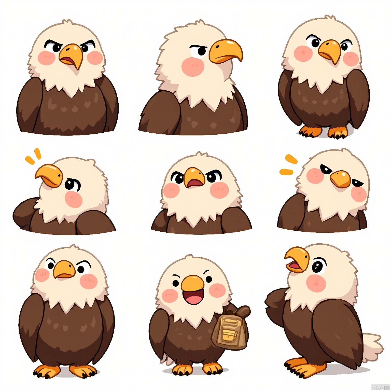 DWBQ, A digital illustration of a wise, bald eagle with sharp eyes, arranged in a 3x3 grid, each cell showcasing a different expression: intense staring, powerful soaring, curious tilting, peaceful perching, surprised widening, and majestic spreading. The eagle has a small golden band on its leg. The background is white. The style is majestic and awe-inspiring, with intricate details and deep shades.
