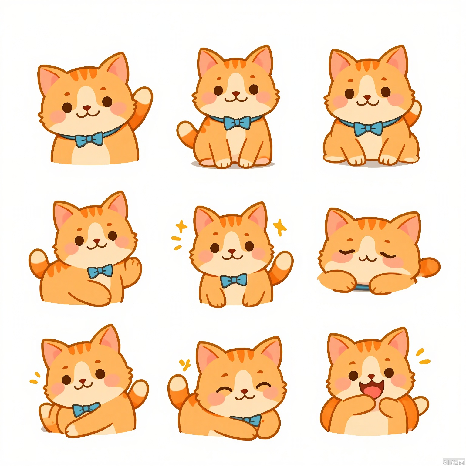 DWBQ, A digital artwork of a chubby, orange tabby cat with big round eyes, organized in a 3x3 grid, each cell featuring a different expression: playful pouncing, content purring, mischievous batting, sleepy blinking, curious exploring, and relaxed stretching. The cat has a tiny blue bow tie around its neck. The background is white. The style is cute and cuddly, with soft textures and warm tones.
